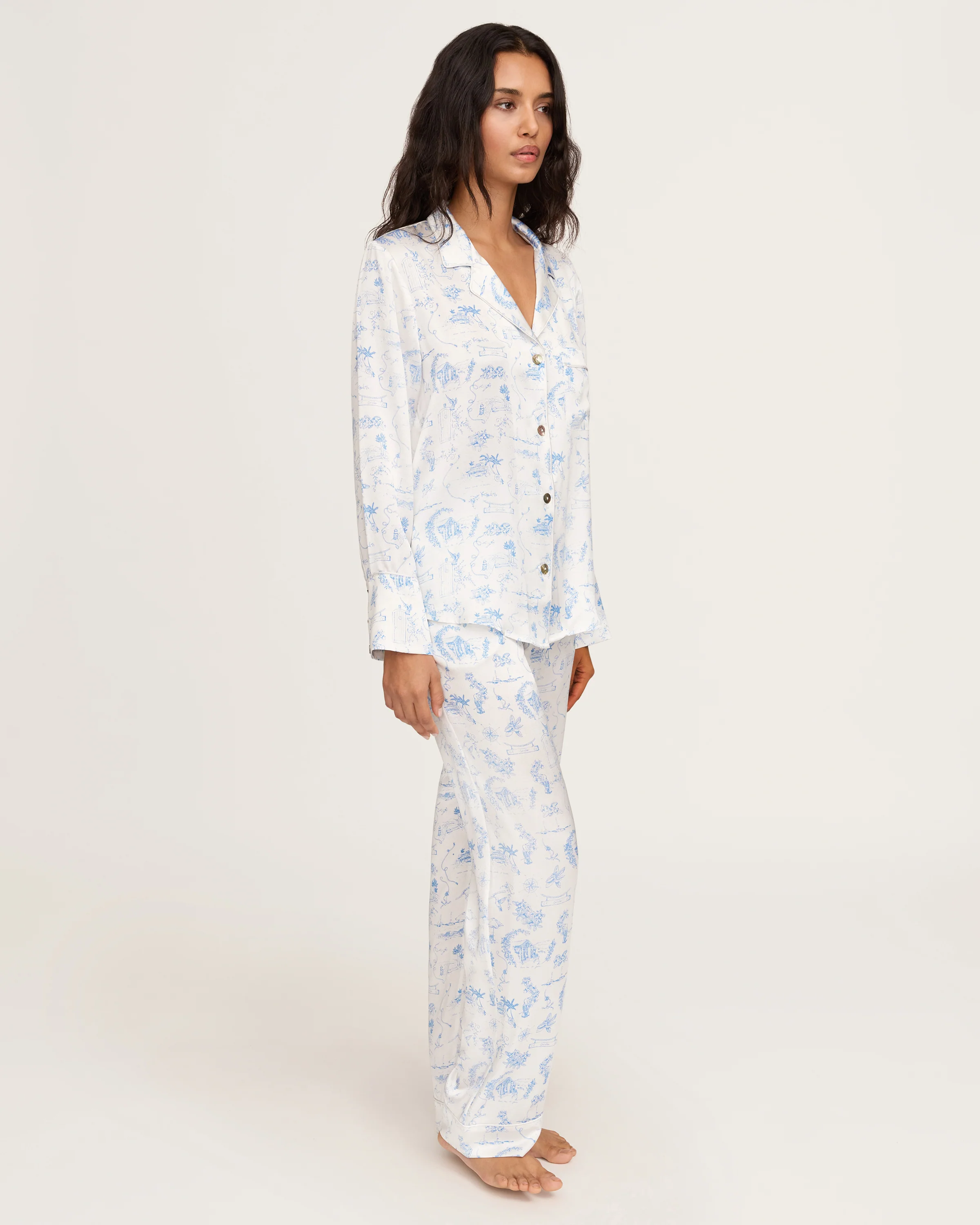 Petite Plume x Eden Rock Women's Silk Pajama Set in Blue Reverie