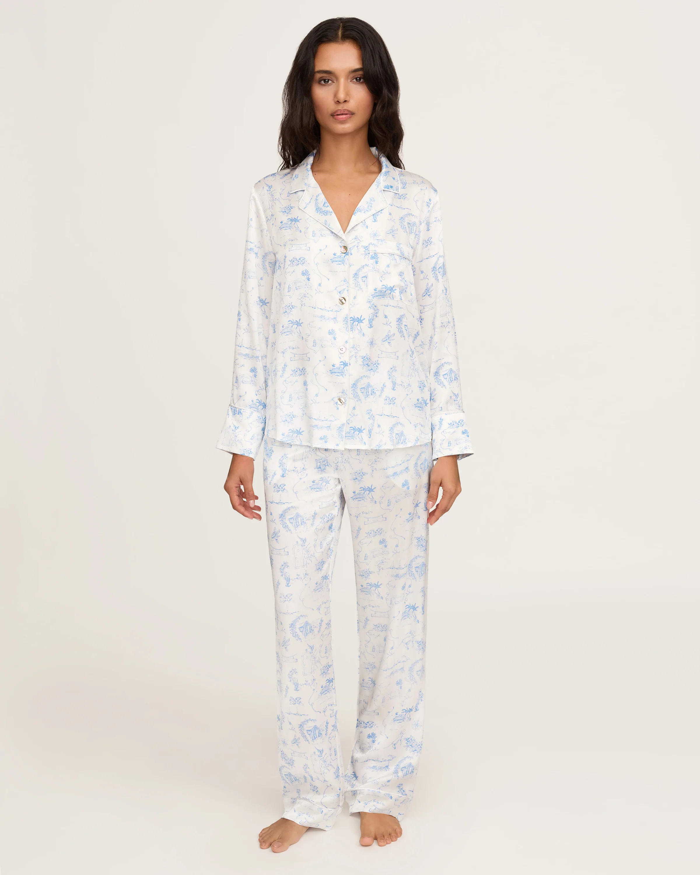 Petite Plume x Eden Rock Women's Silk Pajama Set in Blue Reverie - Image 2