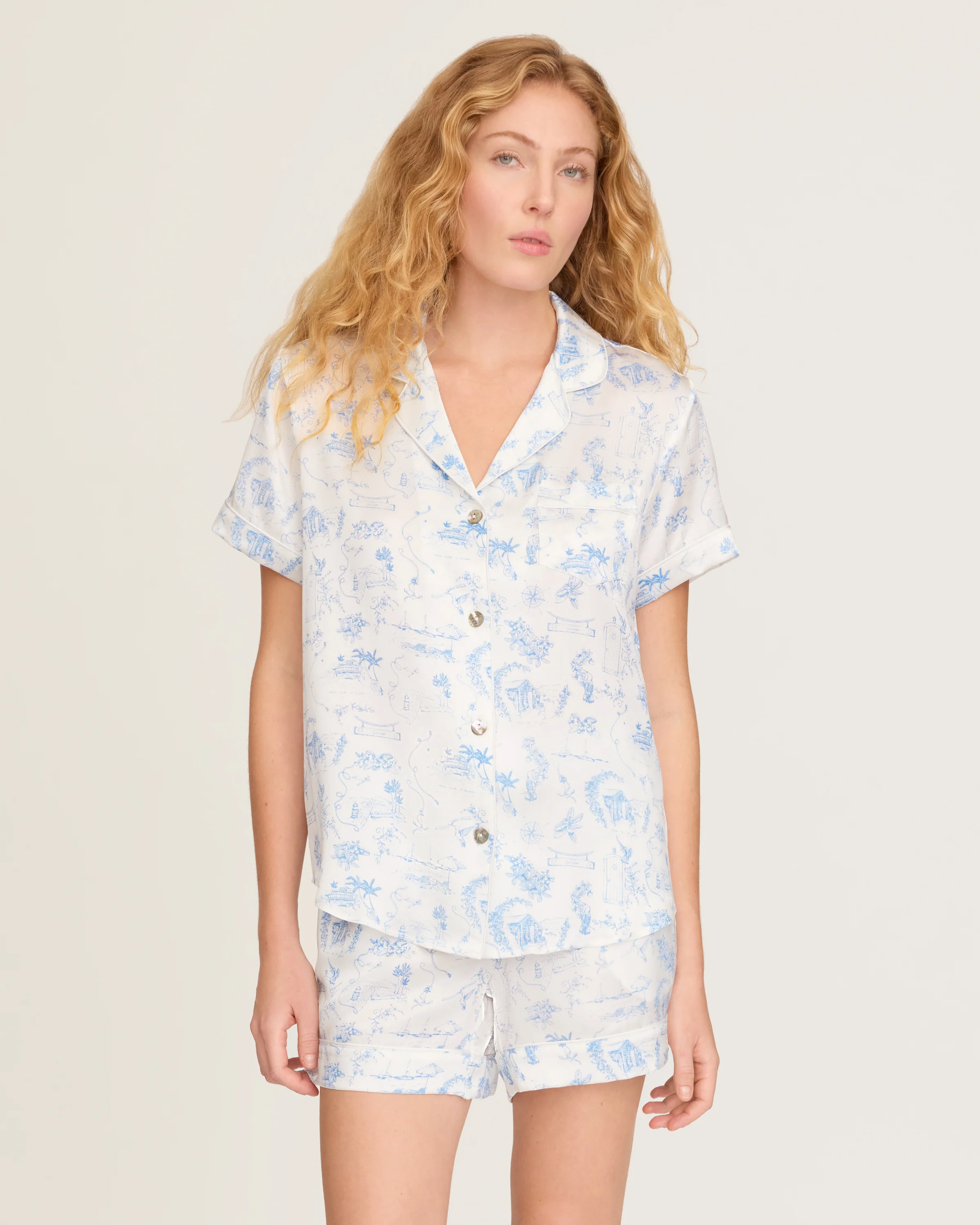 Petite Plume x Eden Rock Women's Silk Short Set in Blue Reverie