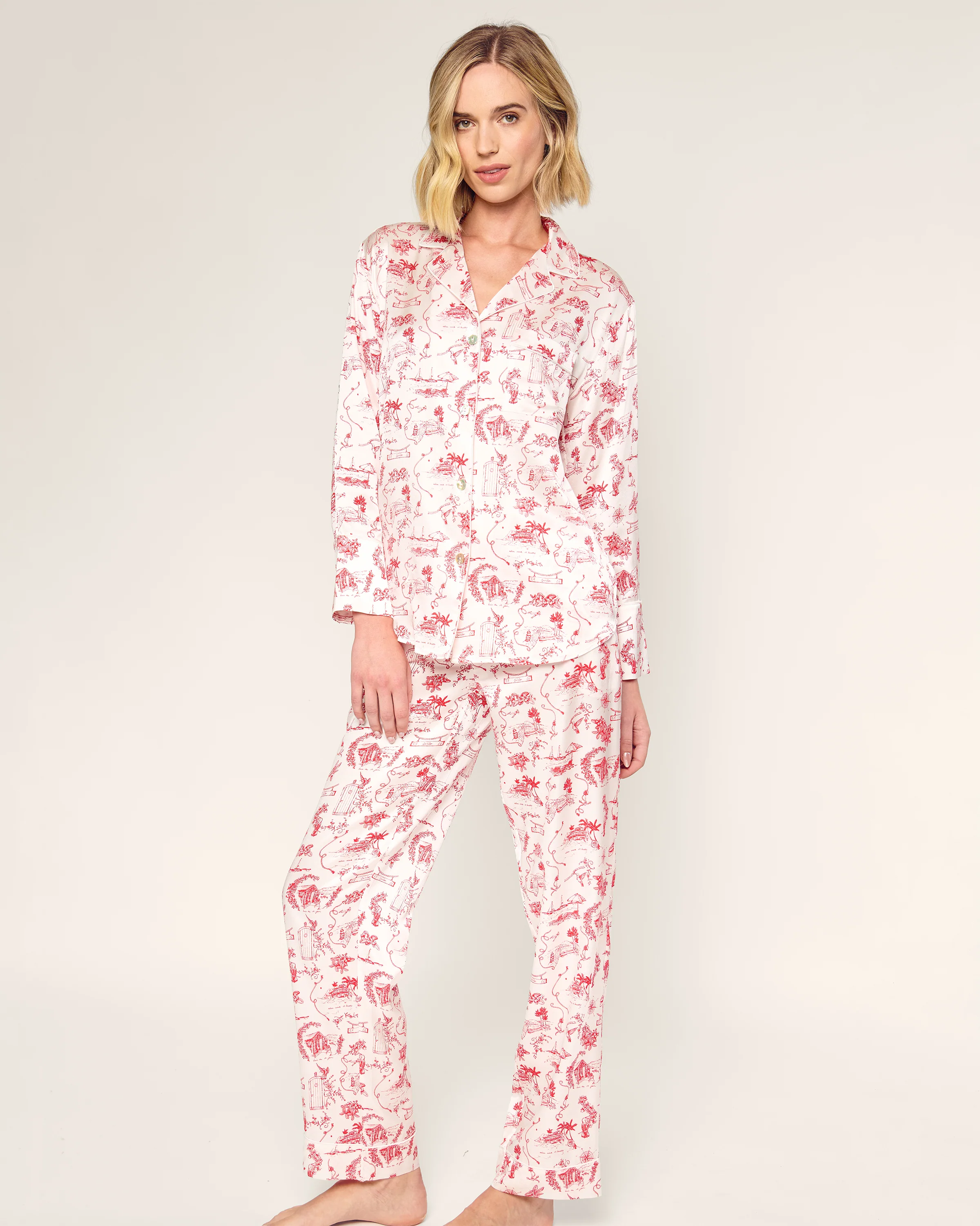 Petite Plume x Eden Rock Women's Silk Pajama Set in Red Reverie