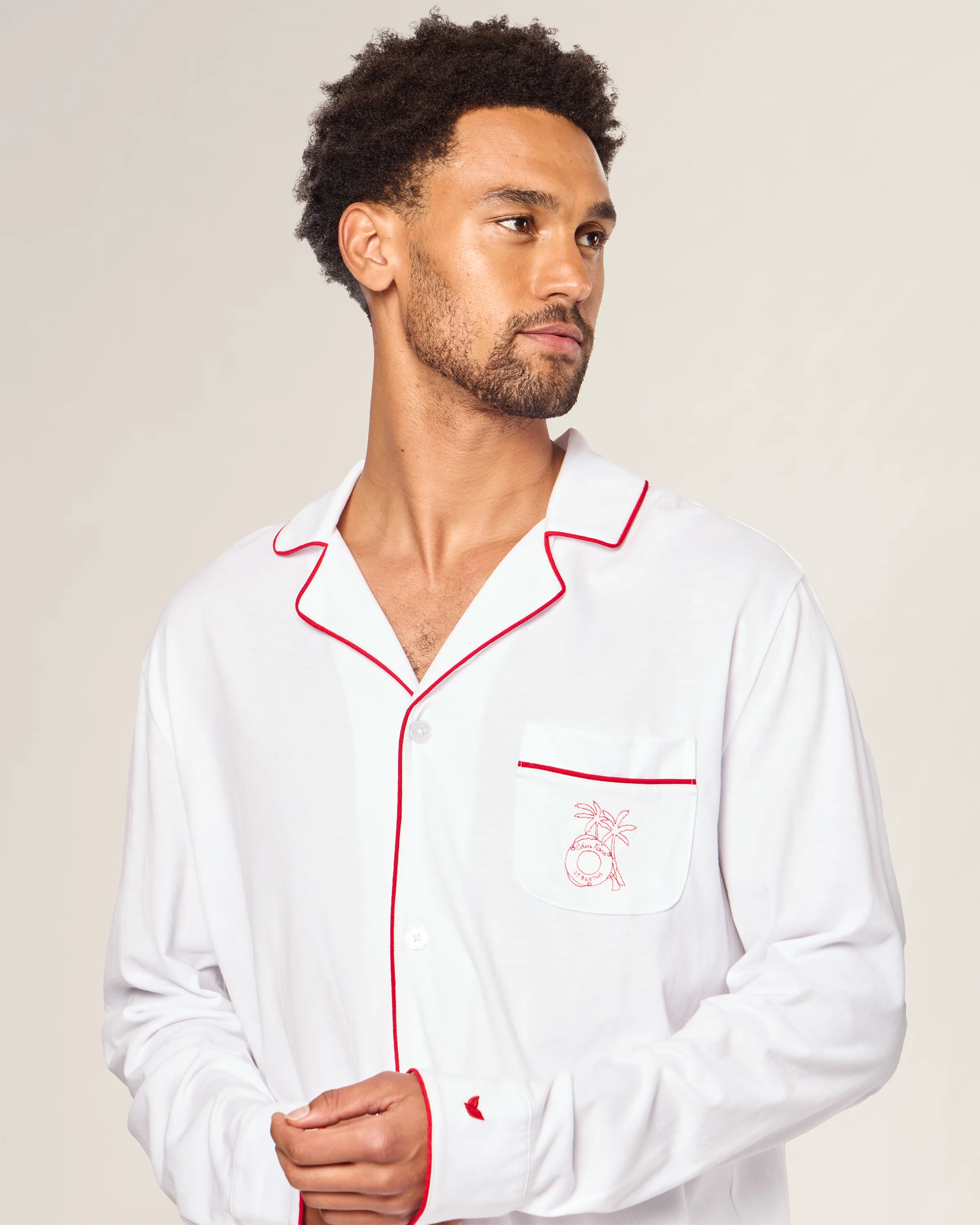 Petite Plume x Eden Rock Men's Pima Pajama Set in White With Red Piping - Image 2