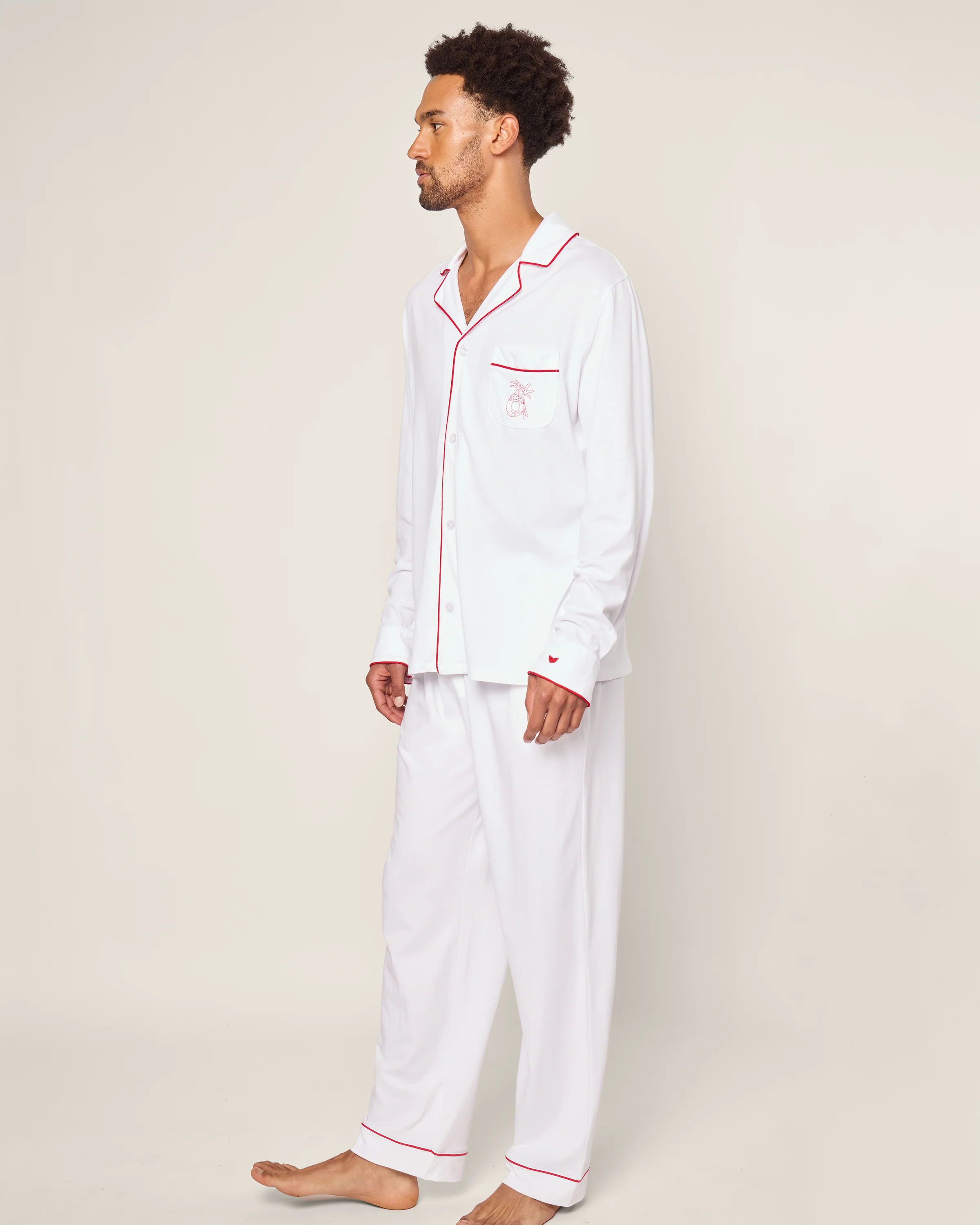 Petite Plume x Eden Rock Men's Pima Pajama Set in White With Red Piping - Image 3