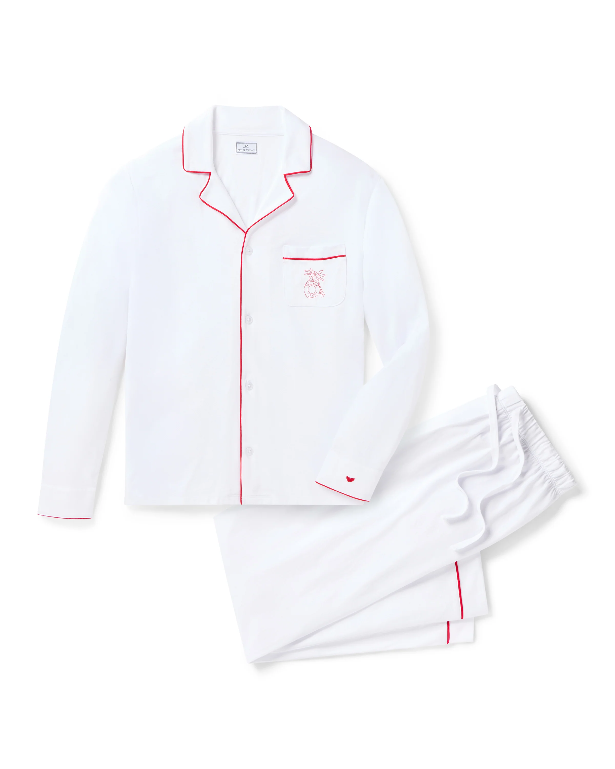Petite Plume x Eden Rock Men's Pima Pajama Set in White With Red Piping - Image 7