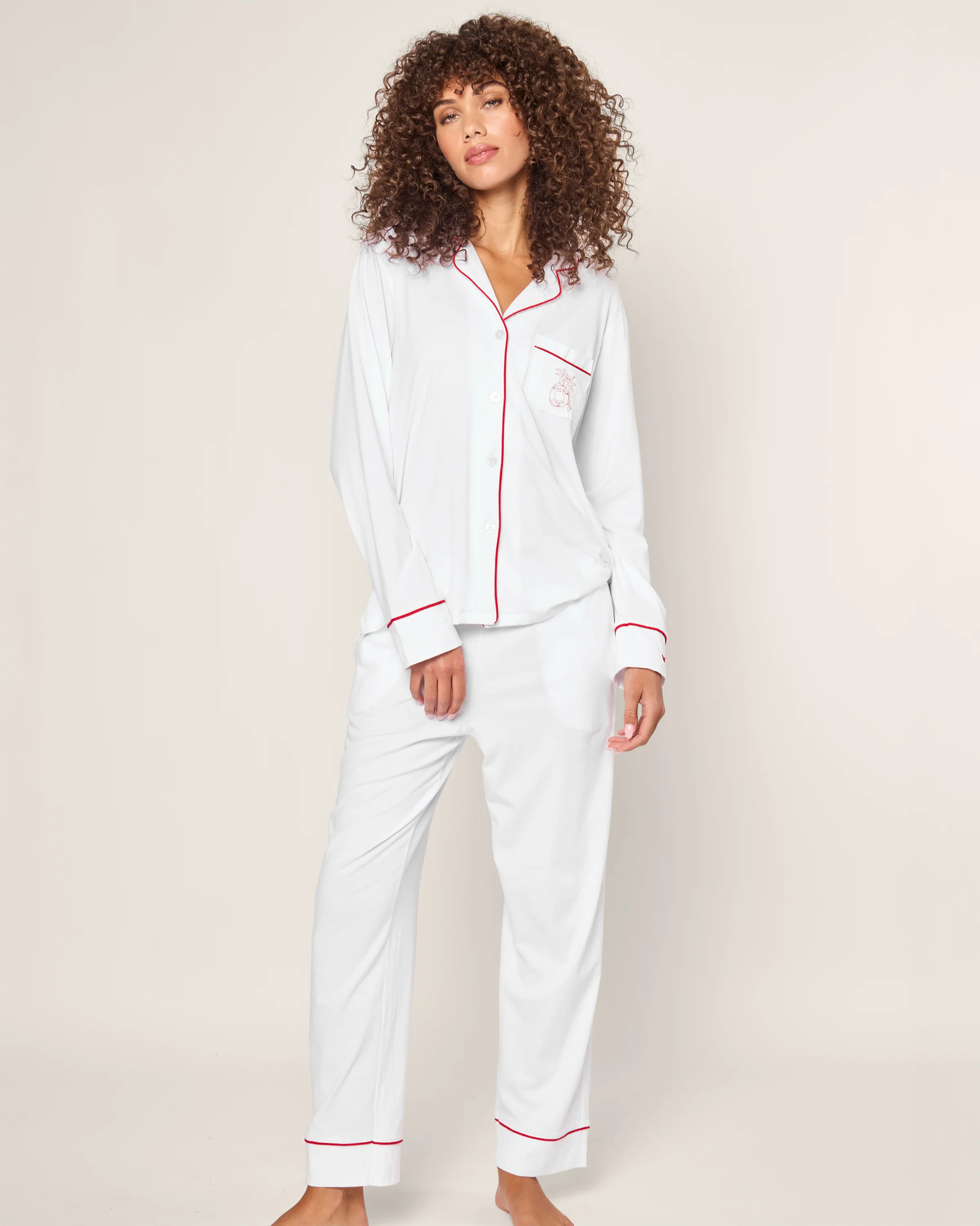 Petite Plume x Eden Rock Women's Pima Pajama Set in White With Red Piping