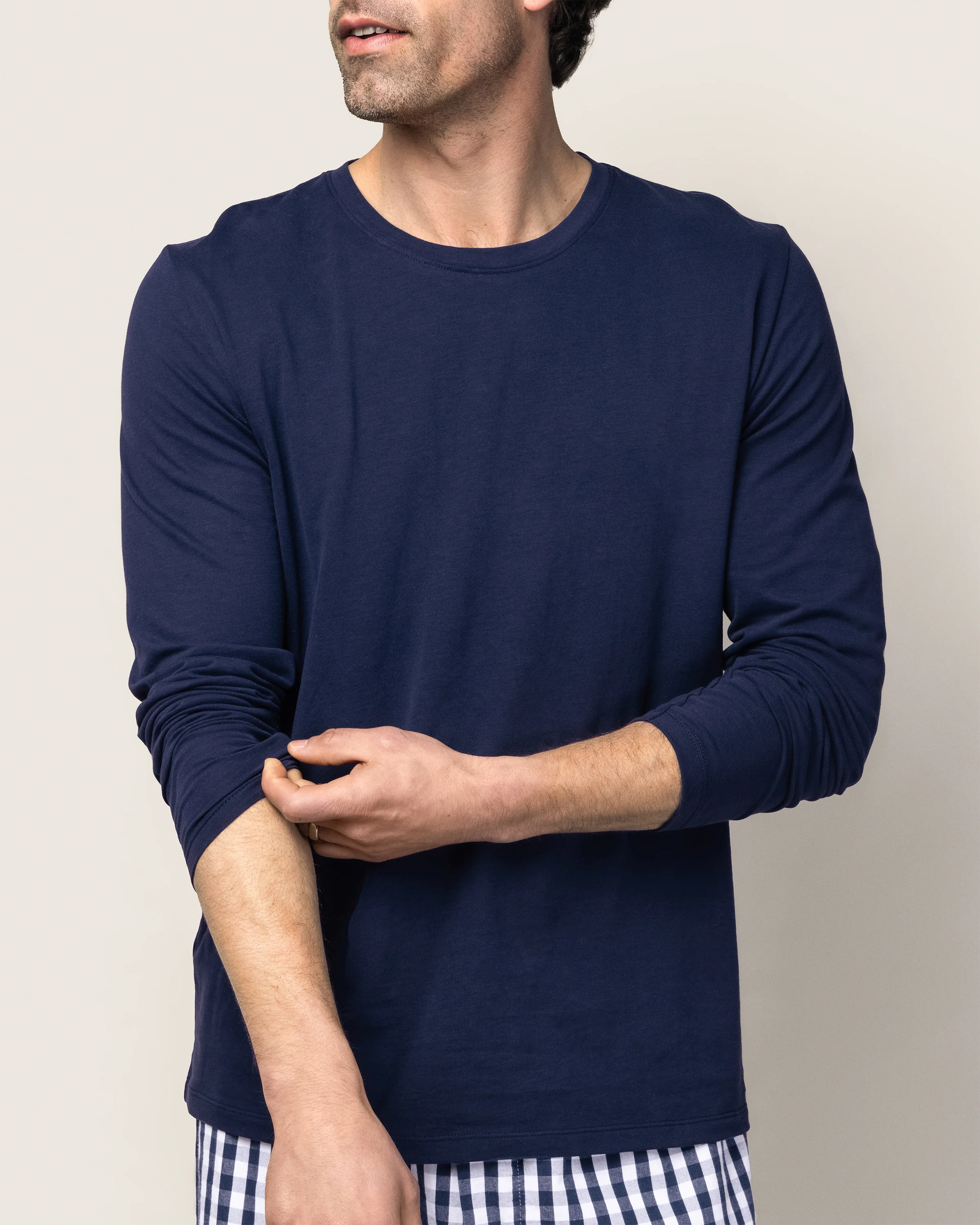 Men's Pima Crew Neck Long Sleeve Top in Navy - Image 3