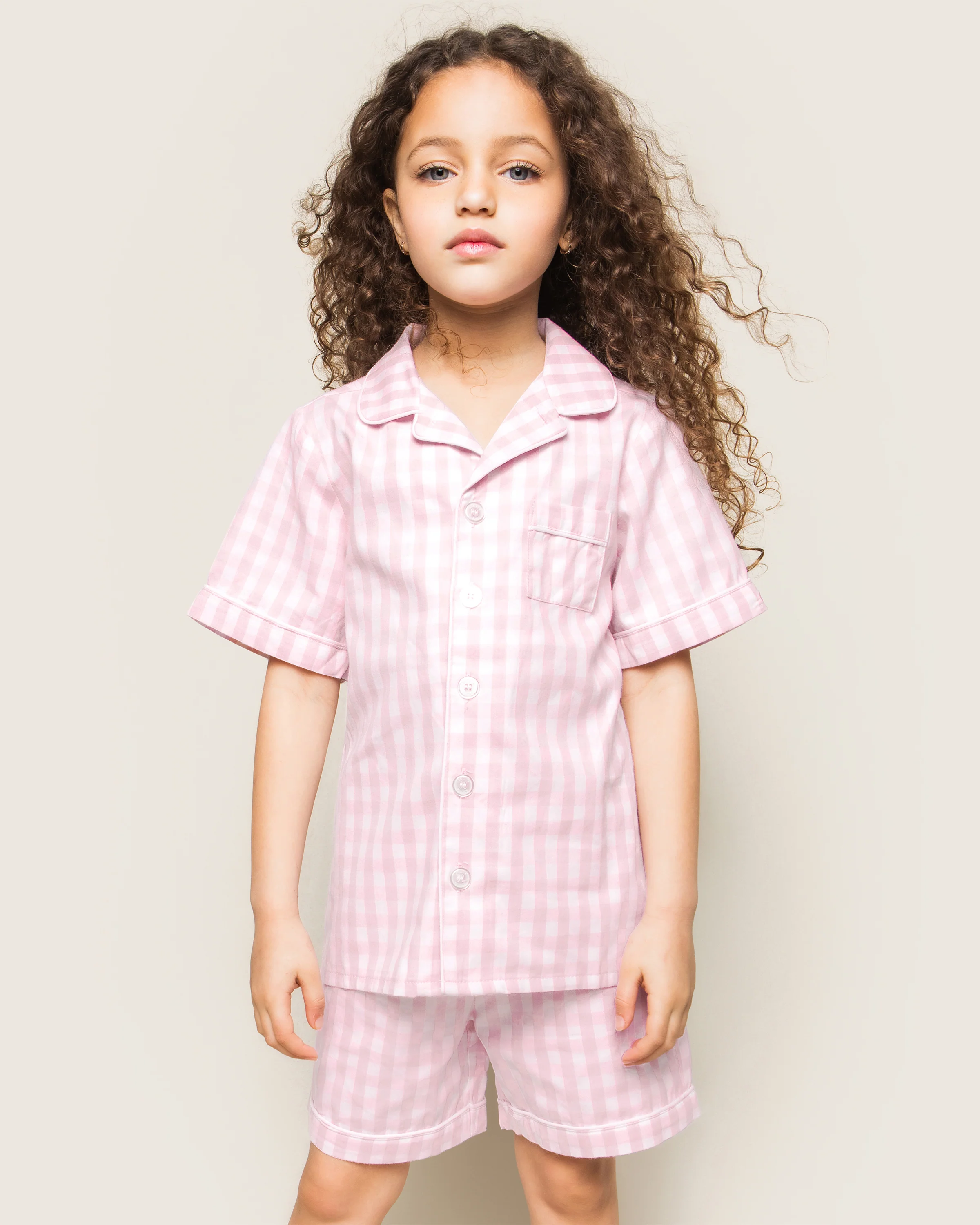 Kid's Twill Pajama Short Set in Pink Gingham - Image 2