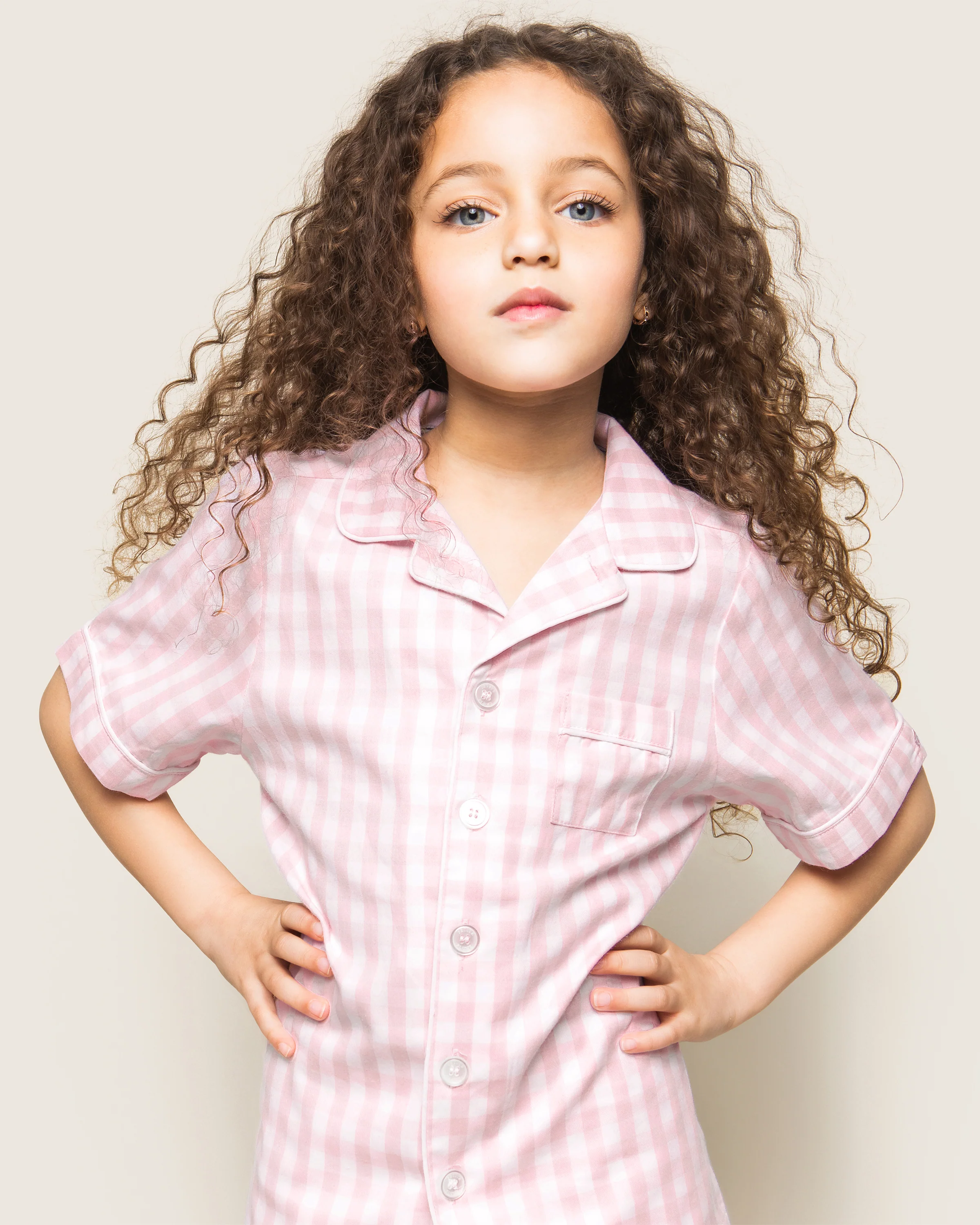 Kid's Twill Pajama Short Set in Pink Gingham - Image 3