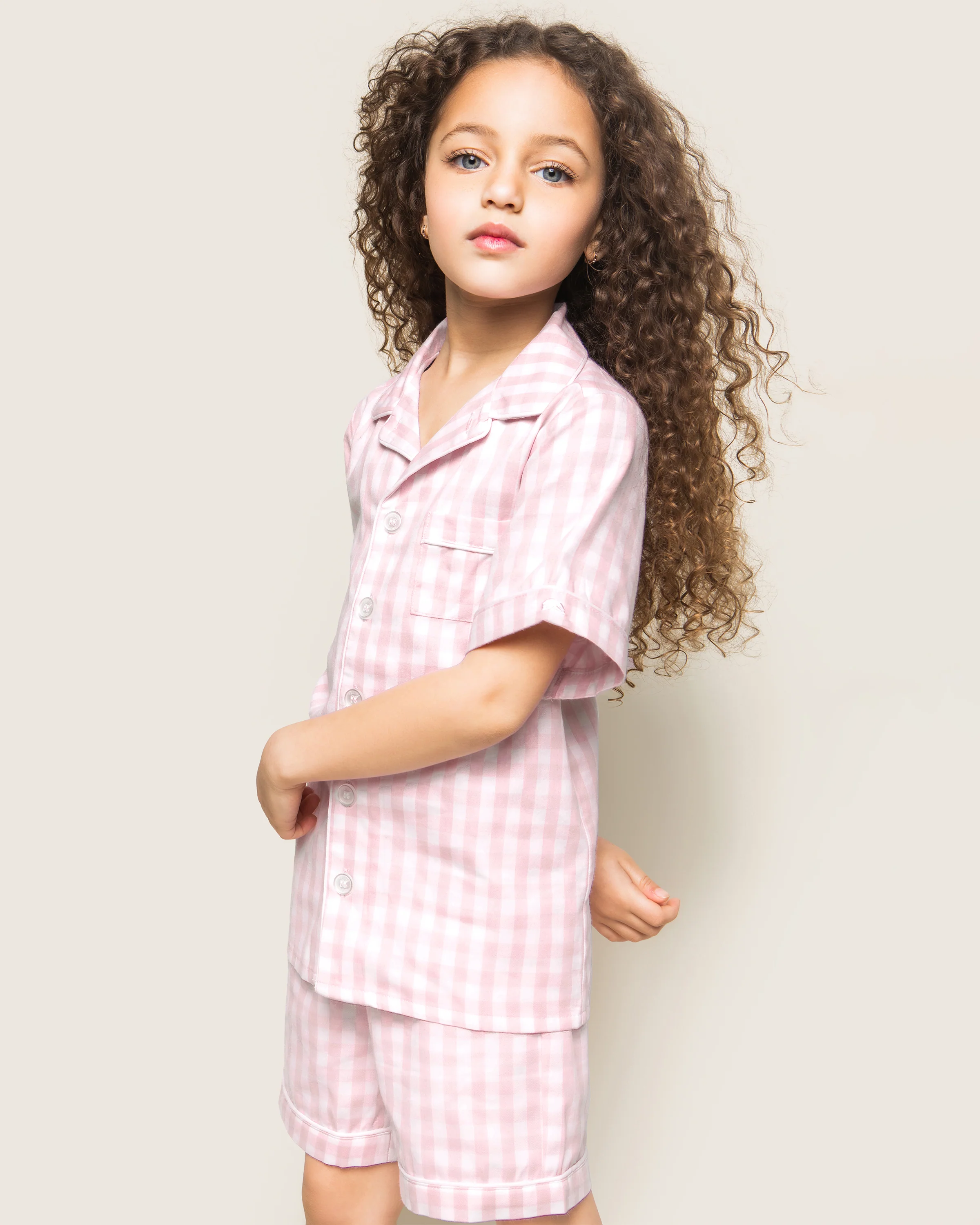 Kid's Twill Pajama Short Set in Pink Gingham - Image 4