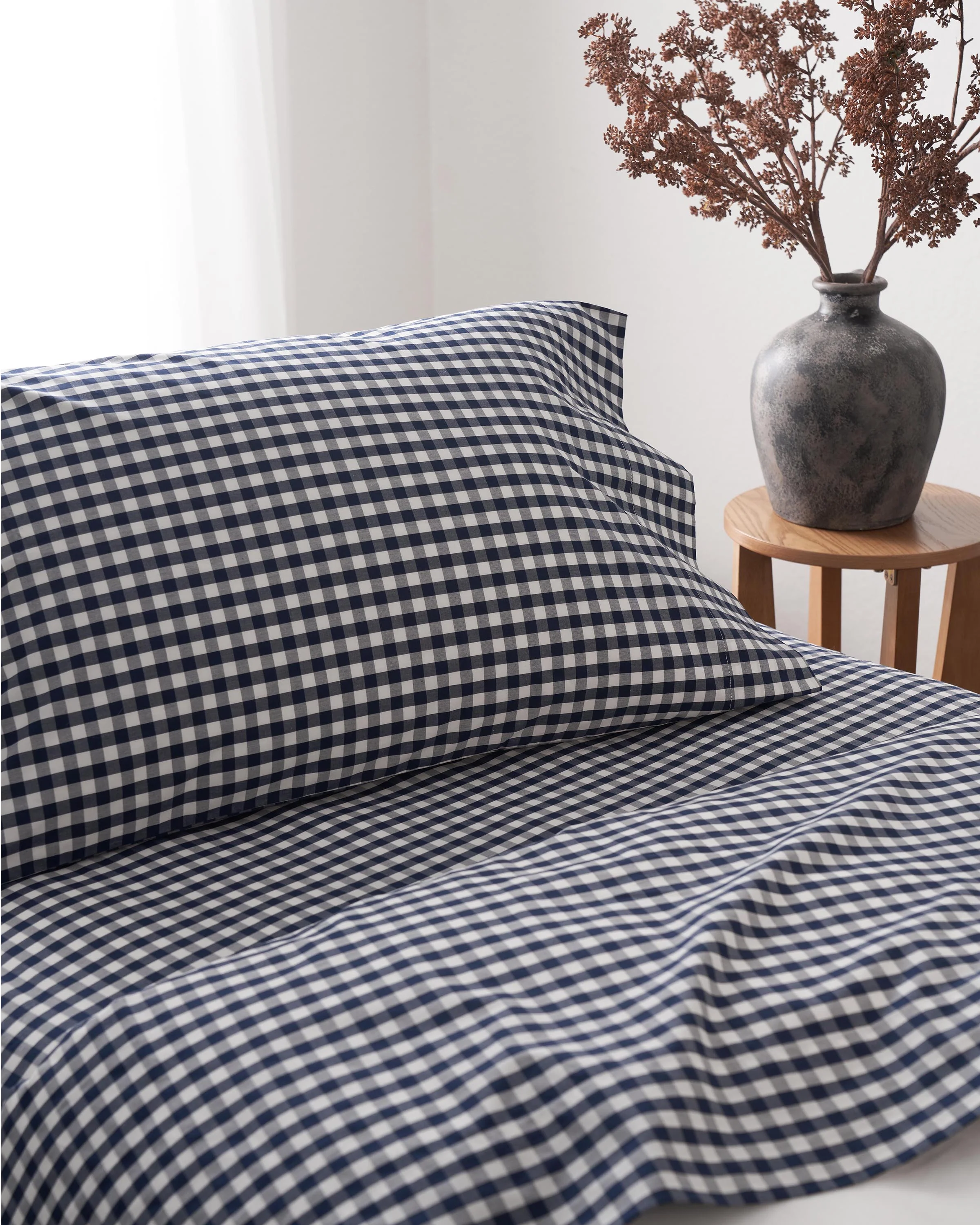 Luxe Premium Percale Bed Sheets in Navy Gingham - Image 4