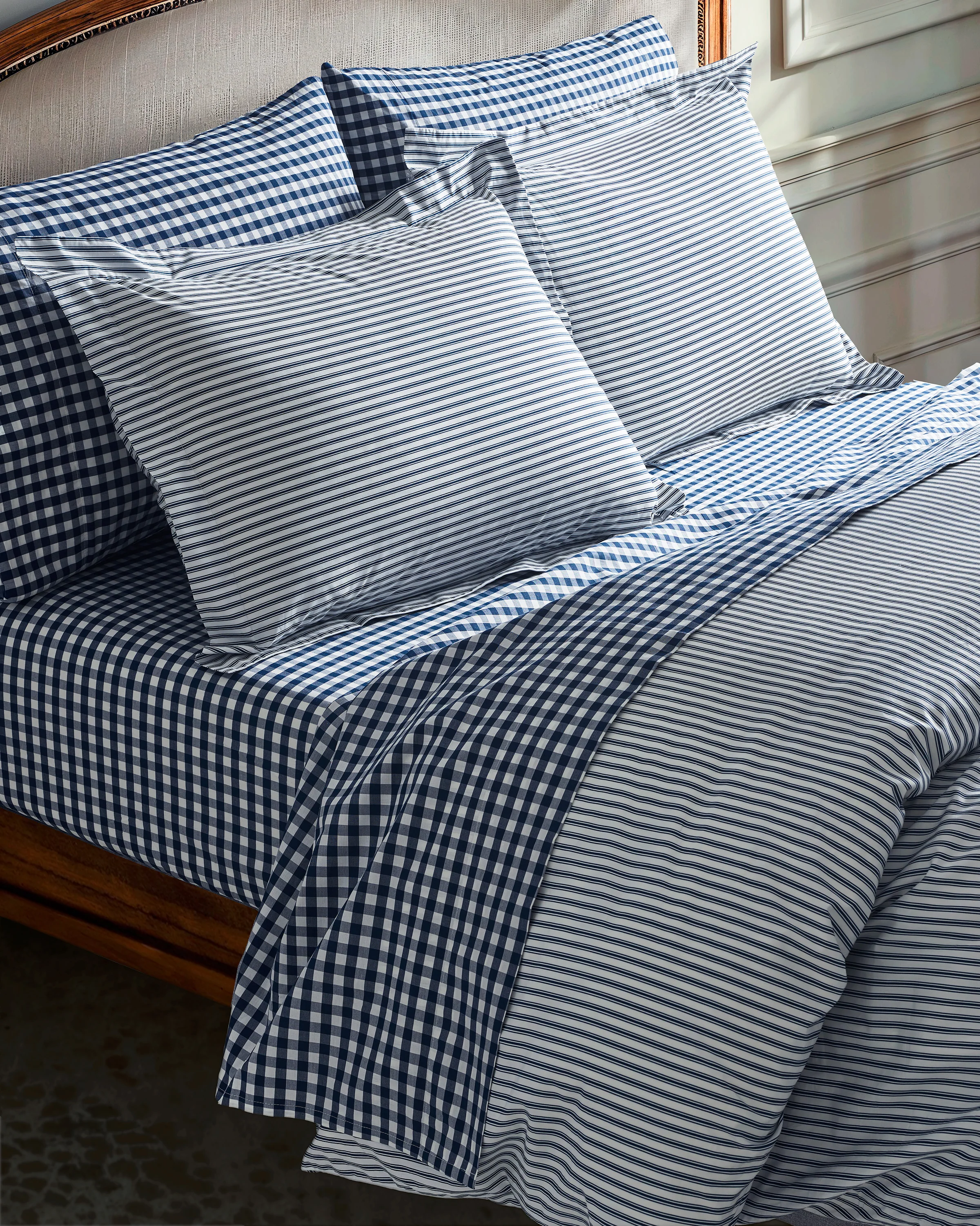Luxe Premium Percale Bed Sheets in Navy Gingham - Image 5