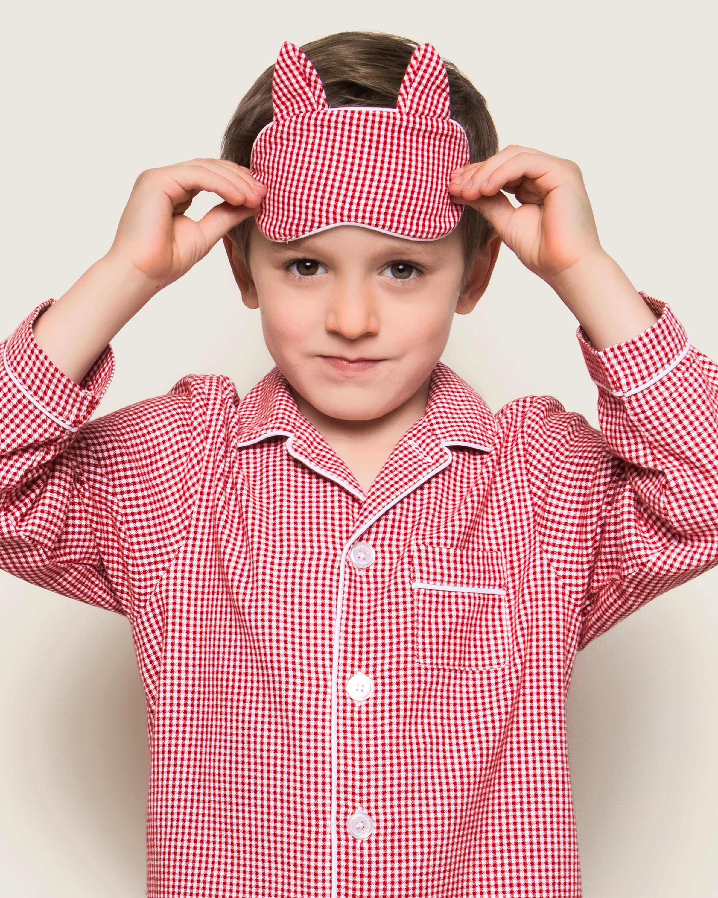 Kid's Flannel Kitty Sleep Mask in Red Mini Gingham - Image 2