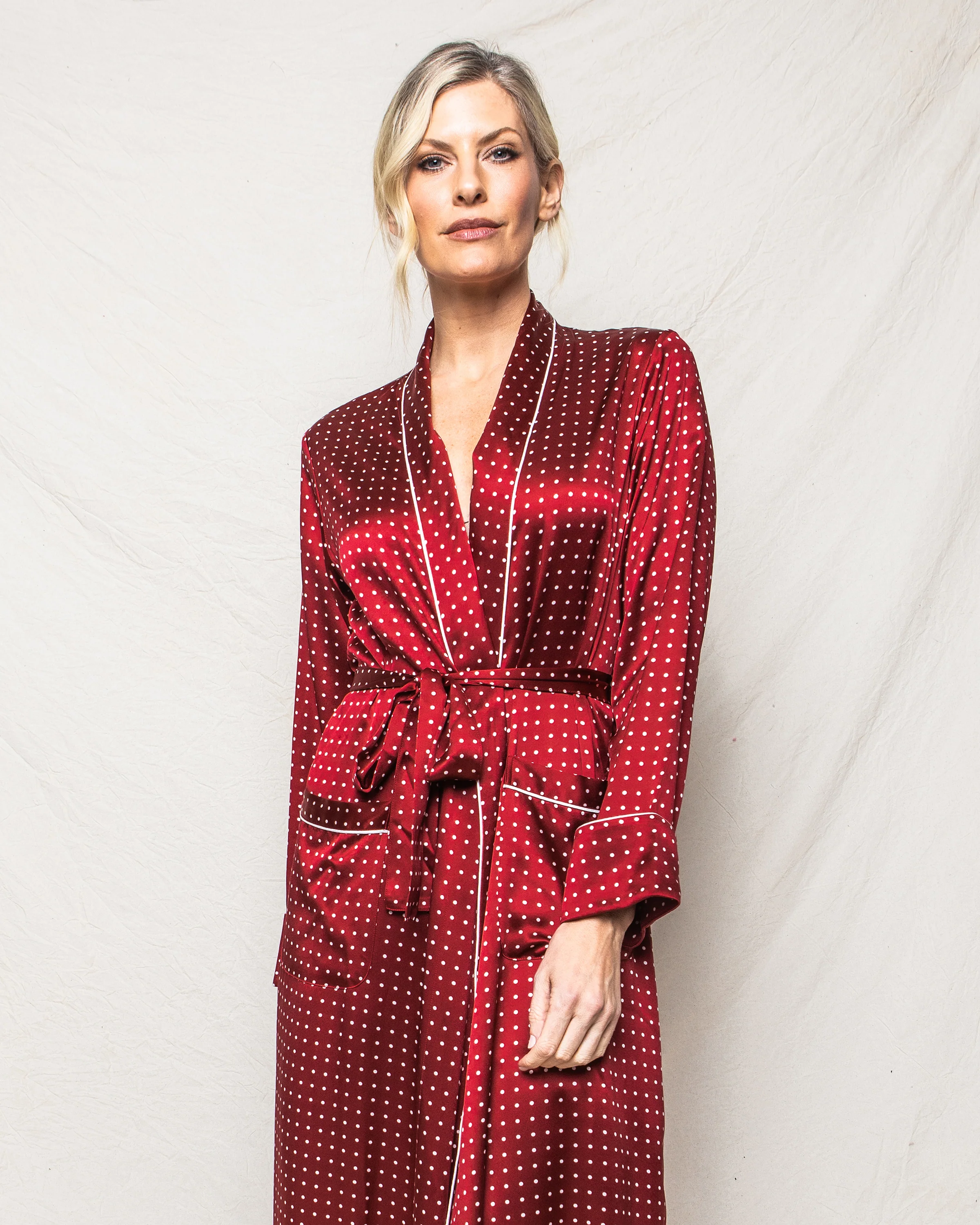 Women's Silk Long Robe in Bordeaux Polka Dot - Image 3