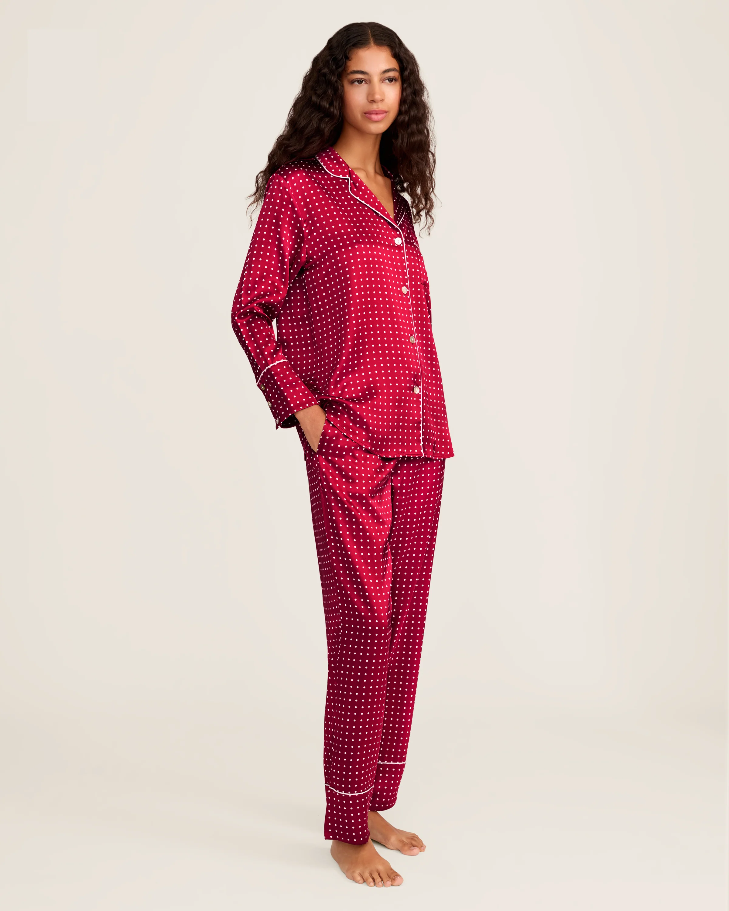 Women's Silk Pajama Set in Bordeaux Polka Dot - Image 3