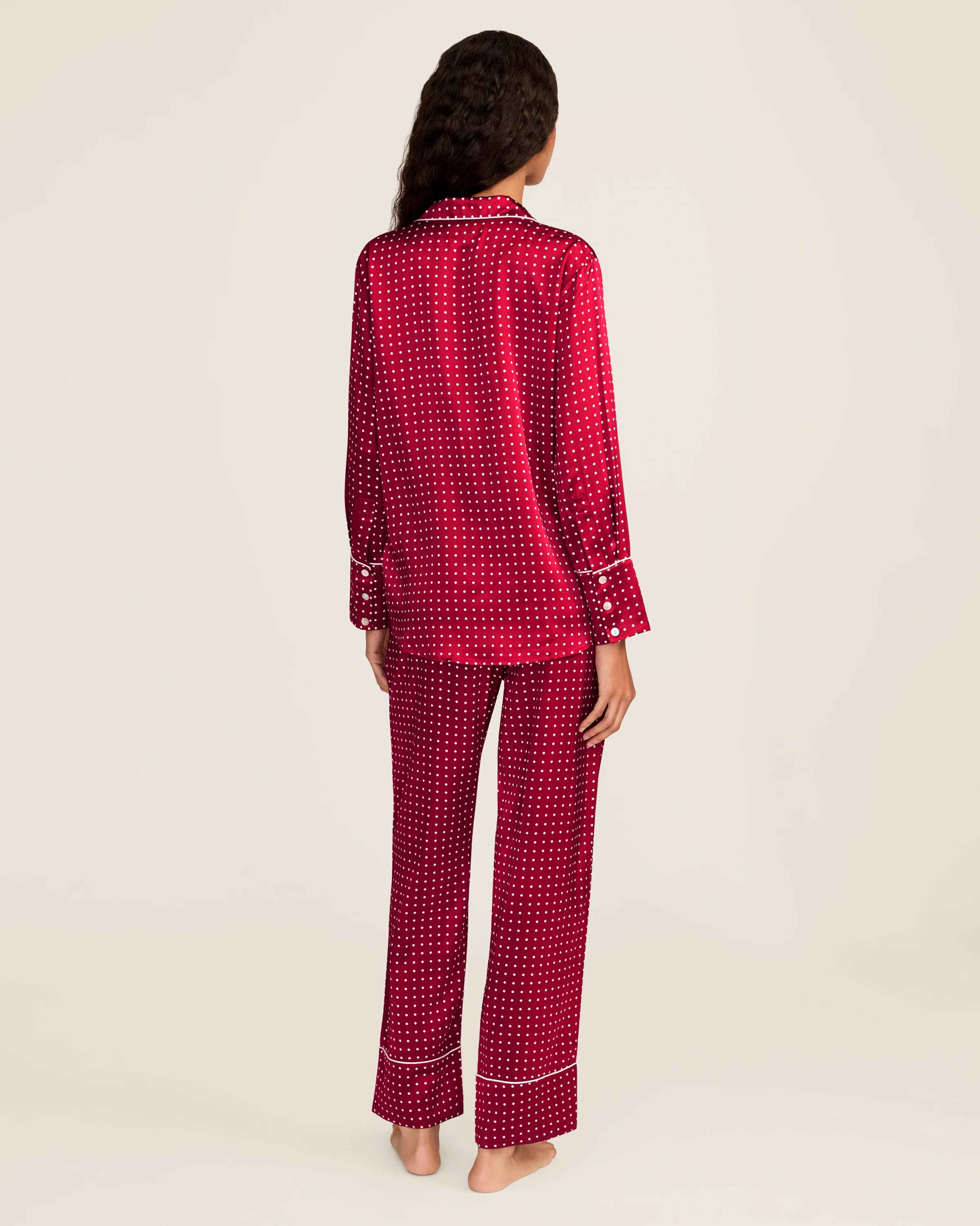 Women's Silk Pajama Set in Bordeaux Polka Dot - Image 4