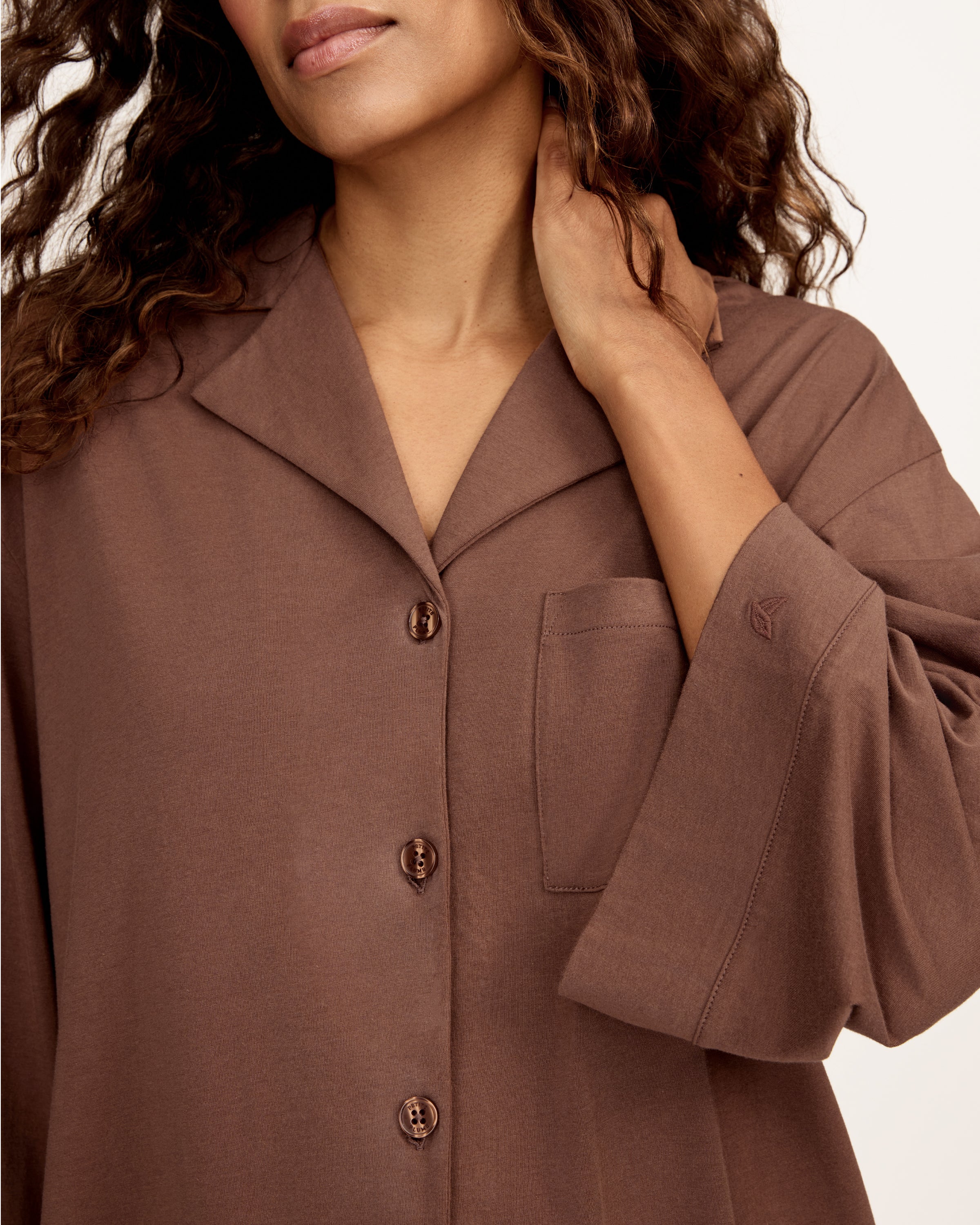 The Olivia Wide Leg Lightweight Pima Pajama Set in Chocolate Brown - Image 2