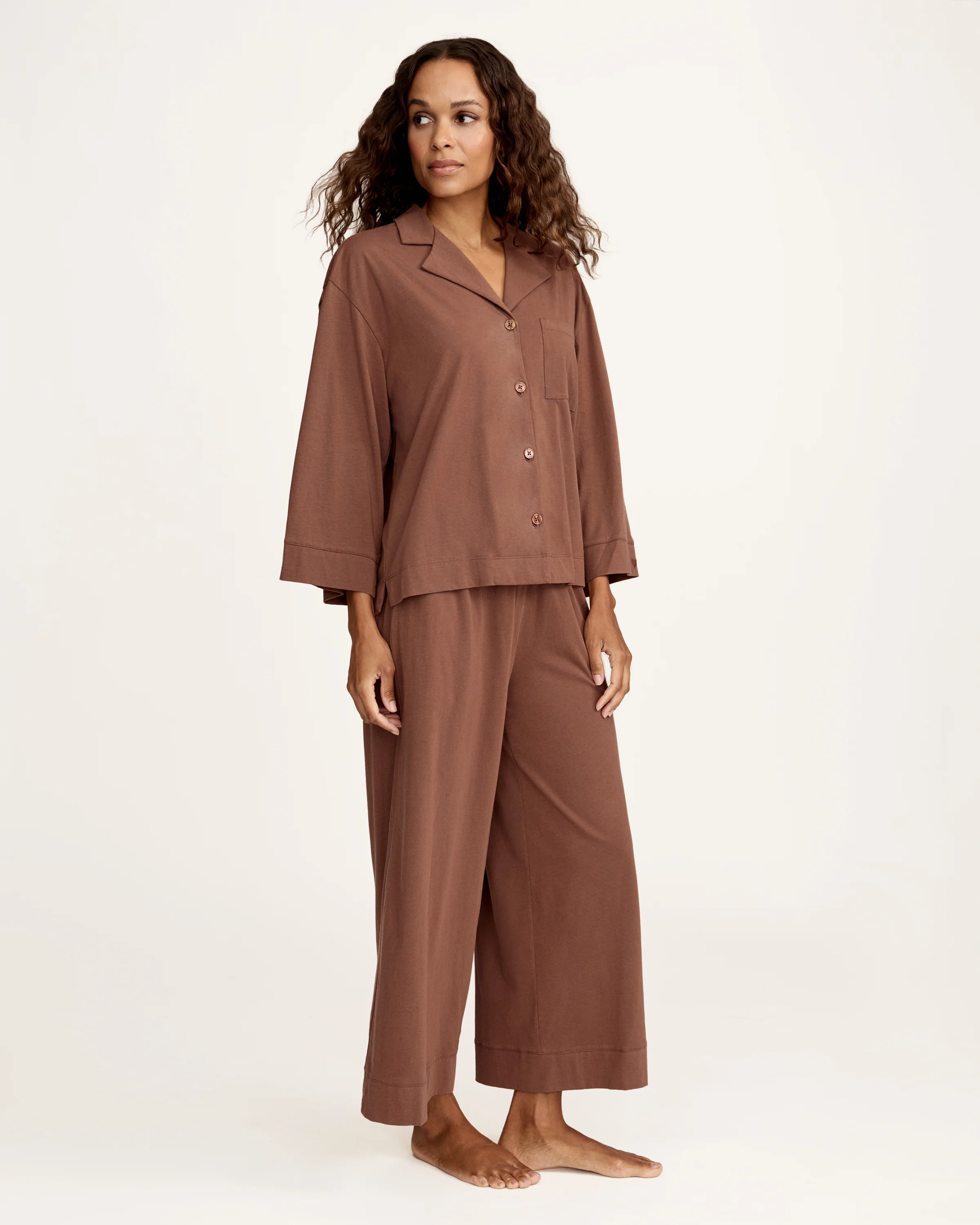 The Olivia Wide Leg Lightweight Pima Pajama Set in Chocolate Brown - Image 3