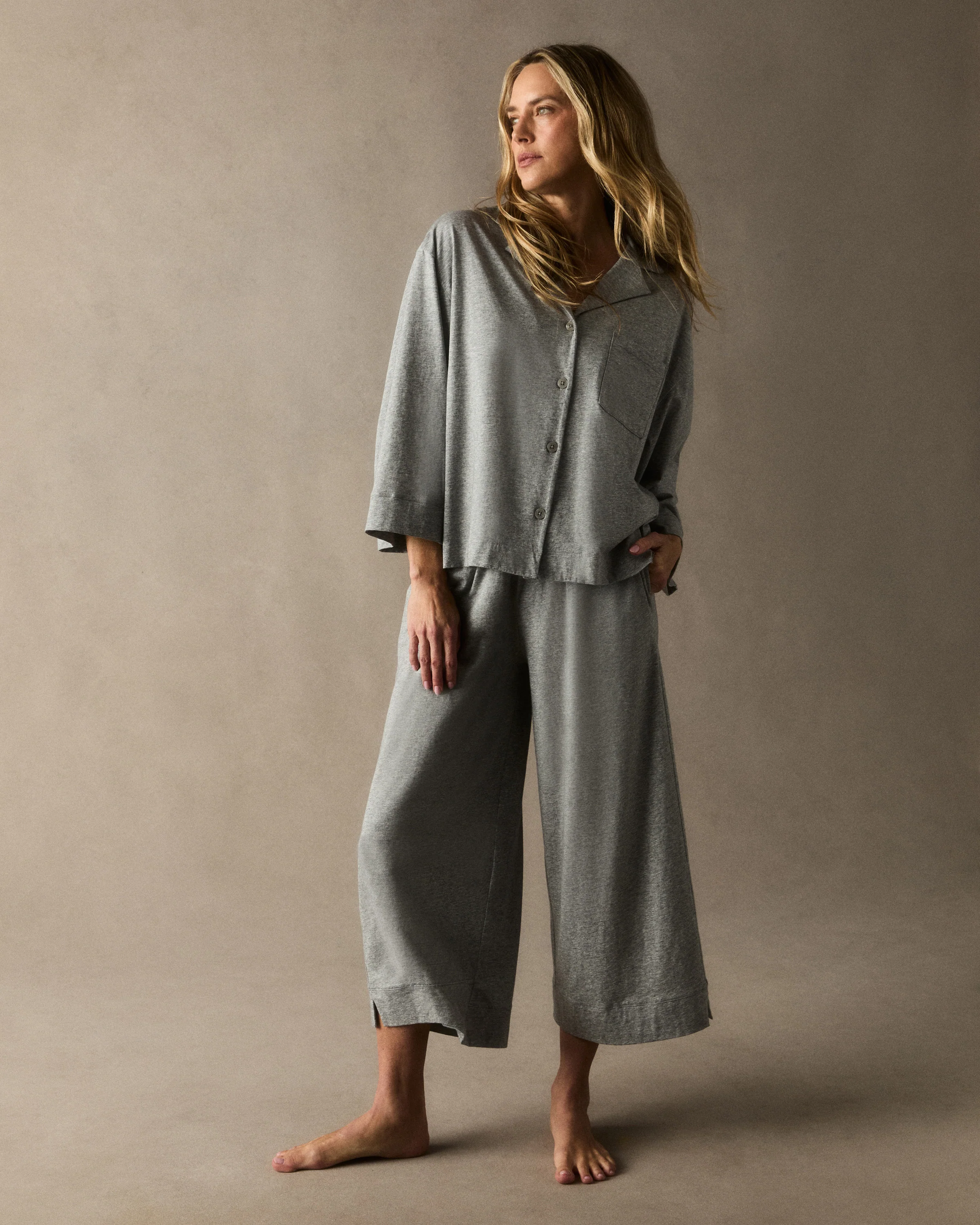 The Olivia Wide Leg Lightweight Pima Pajama Set in Heather Grey