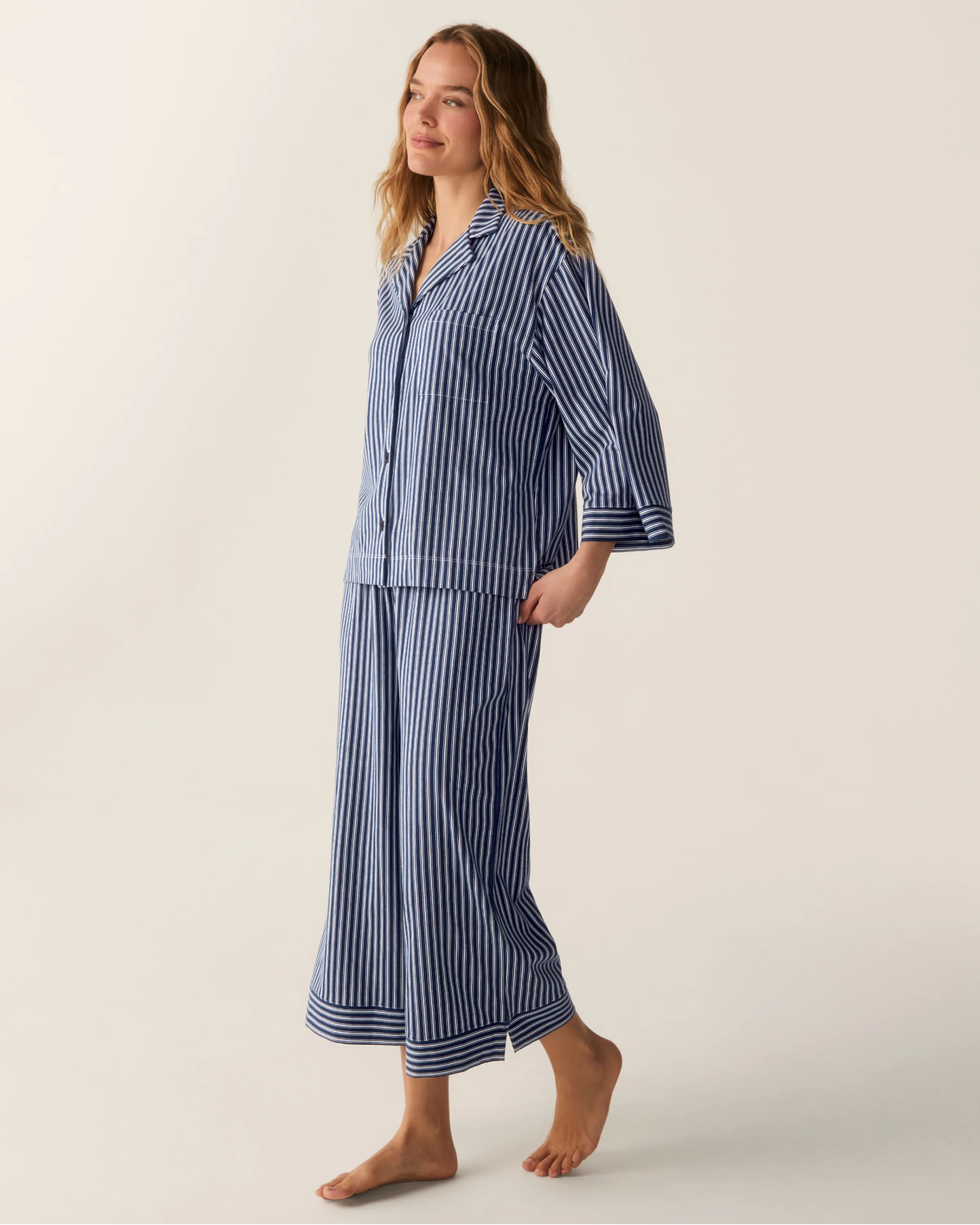 The Olivia Wide Leg Pima Pajama Set in Admiral Ticking - Image 3