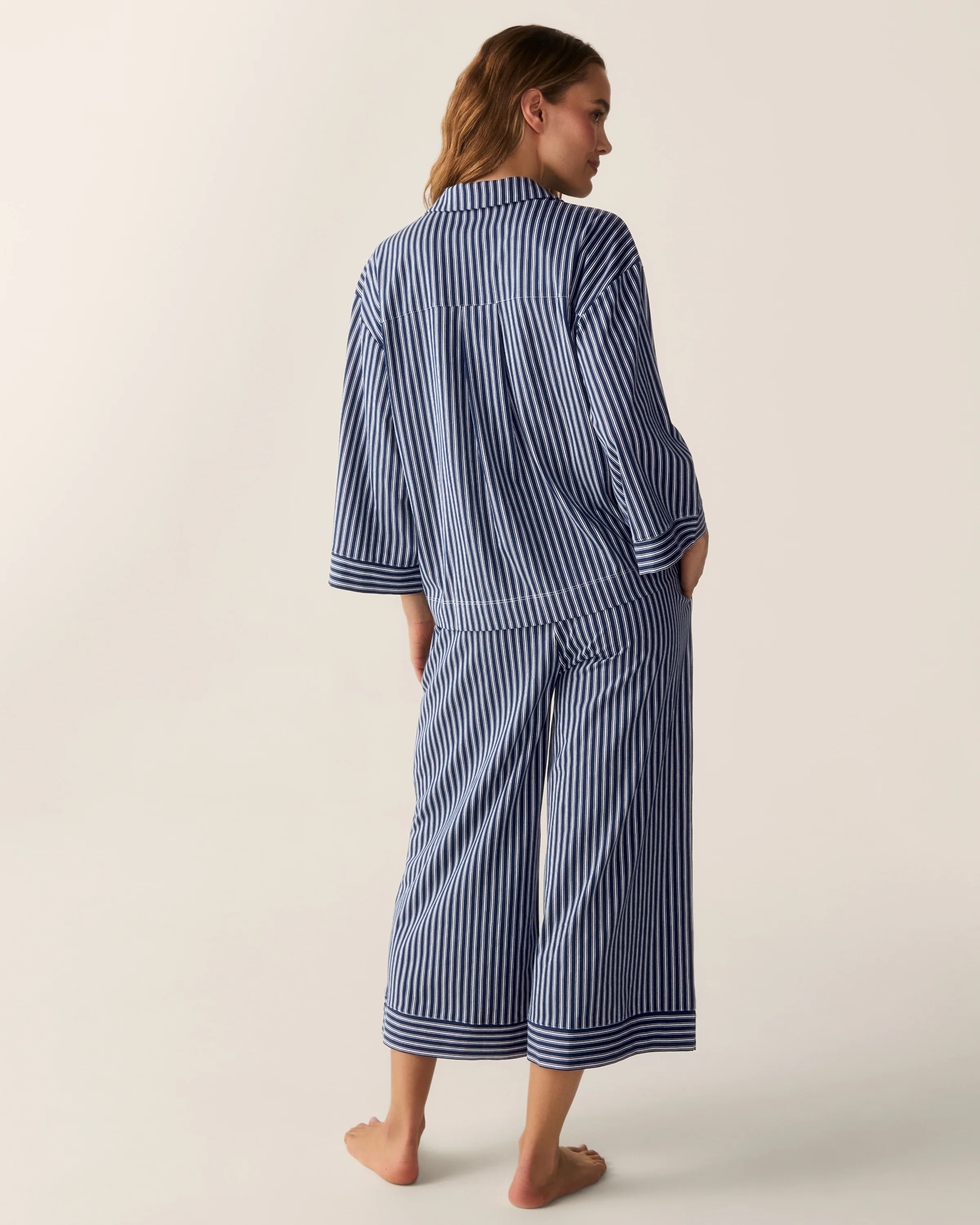 The Olivia Wide Leg Pima Pajama Set in Admiral Ticking - Image 4