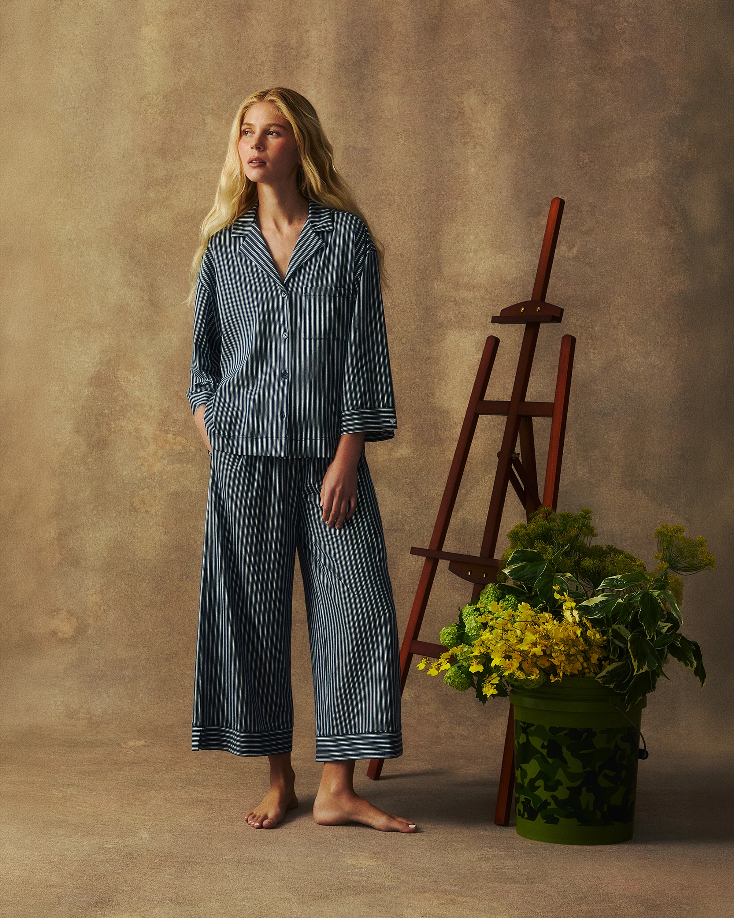 The Olivia Wide Leg Pima Pajama Set in Admiral Ticking - Image 5