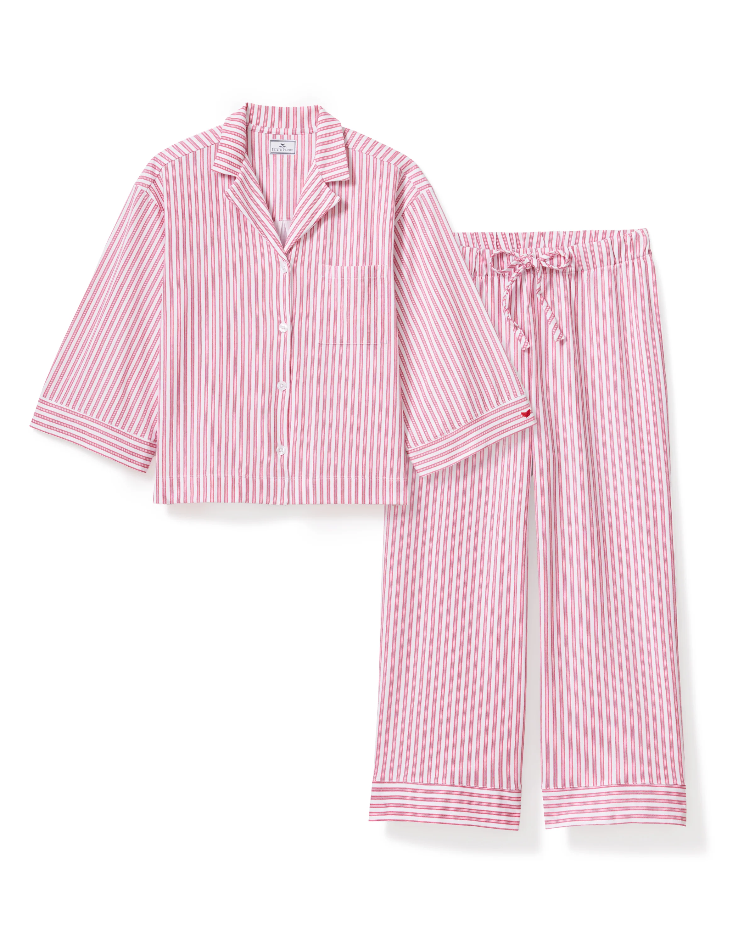 The Olivia Wide Leg Pima Pajama Set in Antique Red Ticking - Image 8