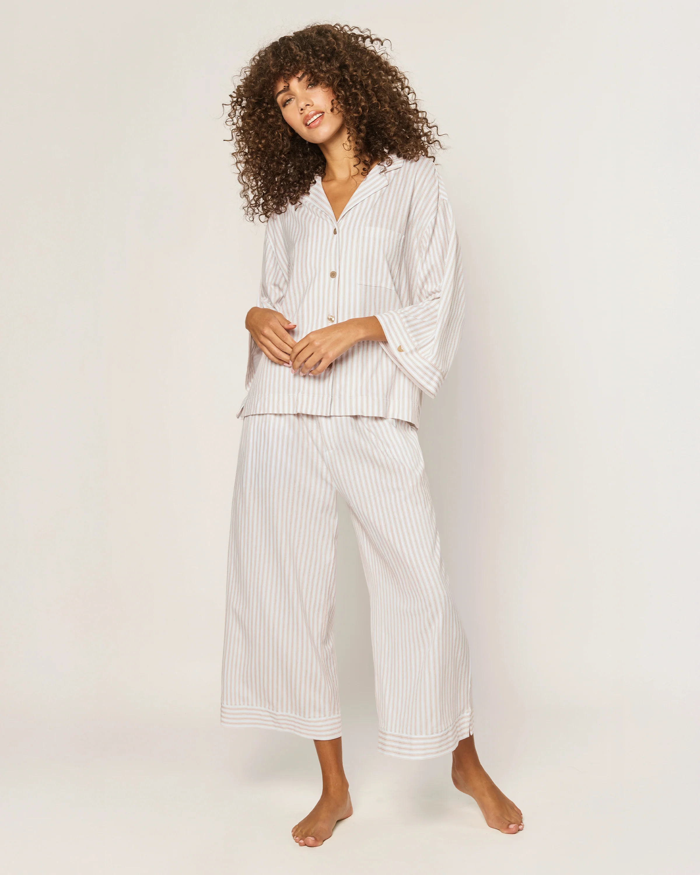 The Olivia Wide Leg Pima Pajama Set in Camel Ticking