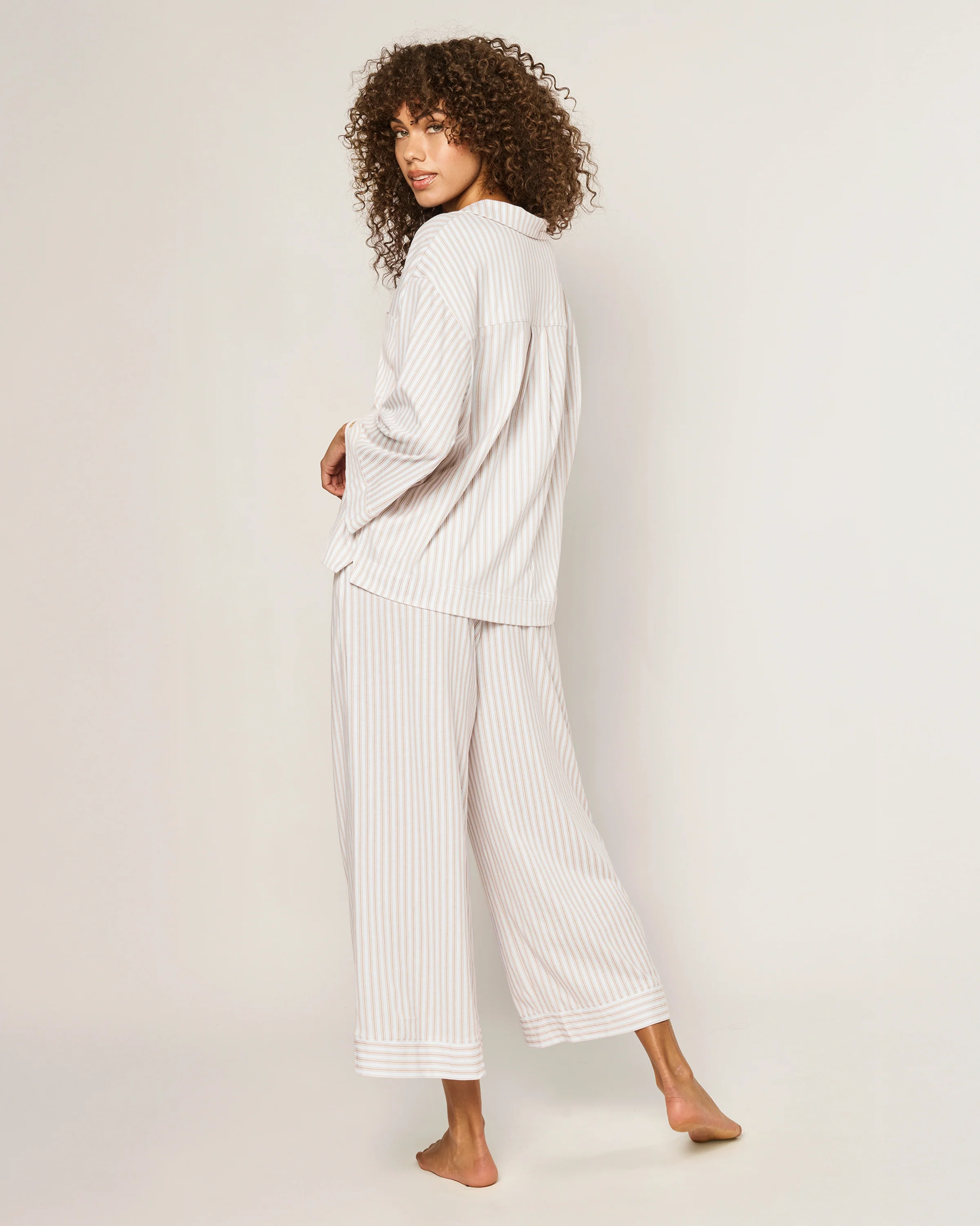 The Olivia Wide Leg Pima Pajama Set in Camel Ticking - Image 4