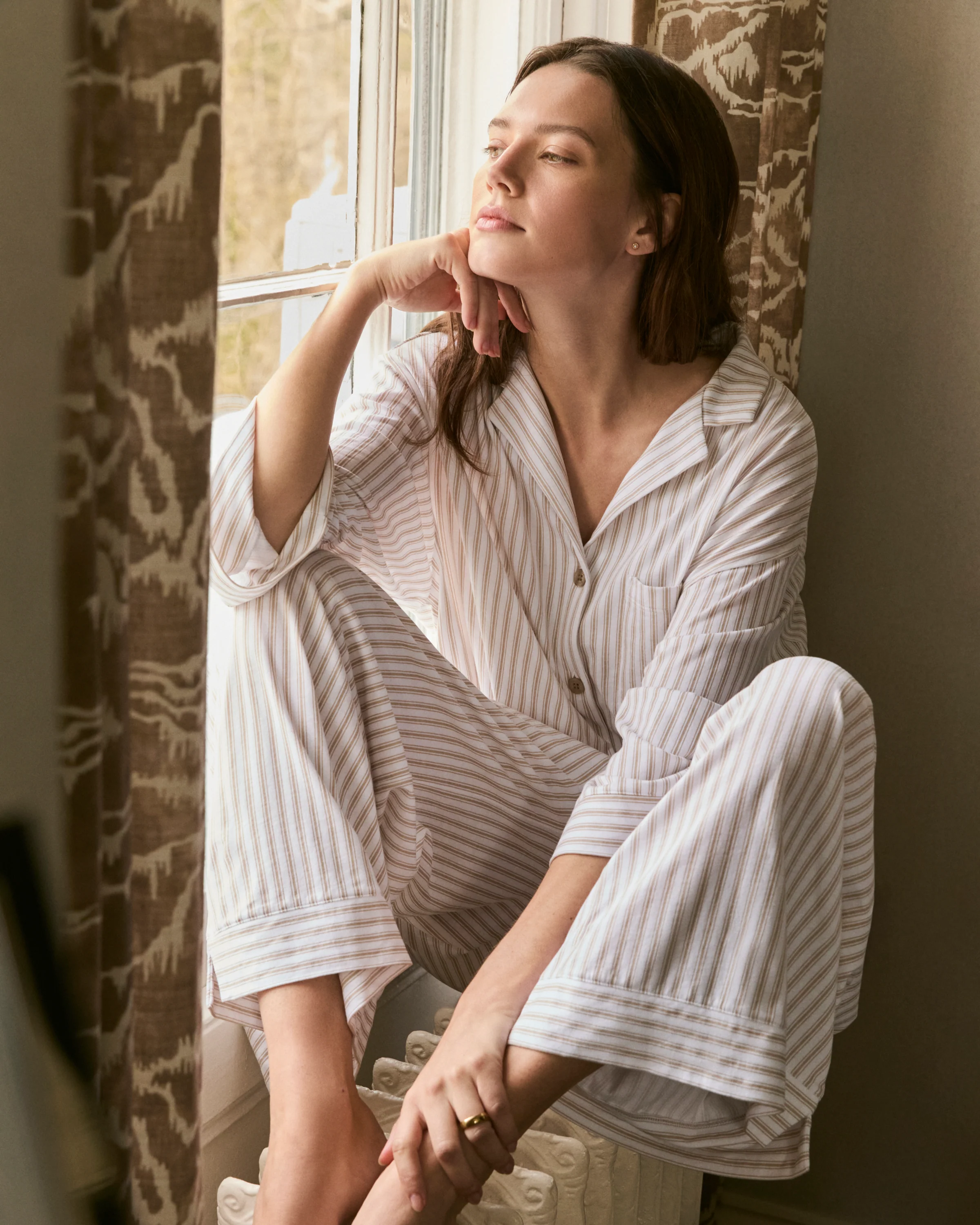 The Olivia Wide Leg Pima Pajama Set in Camel Ticking - Image 5