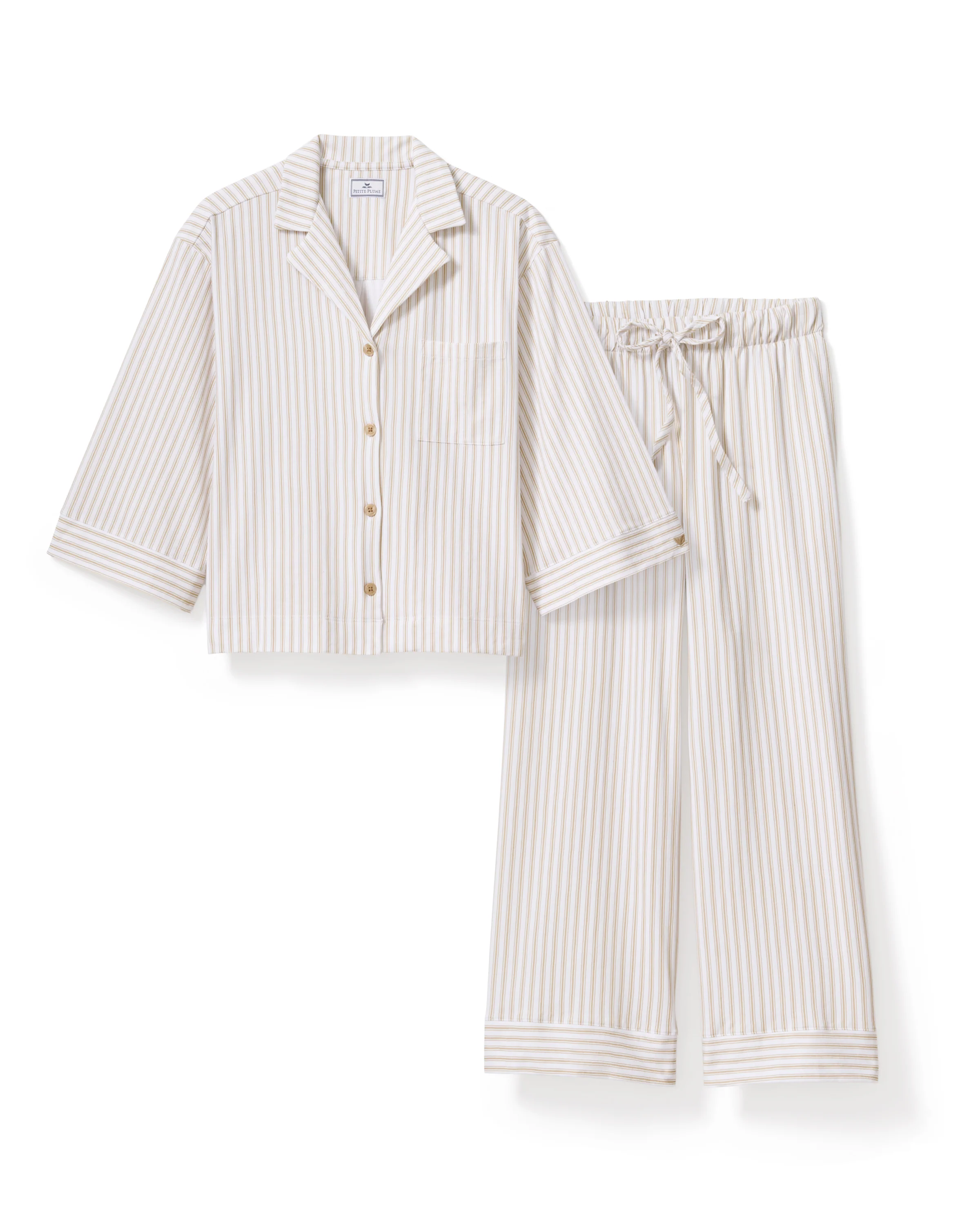 The Olivia Wide Leg Pima Pajama Set in Camel Ticking - Image 6