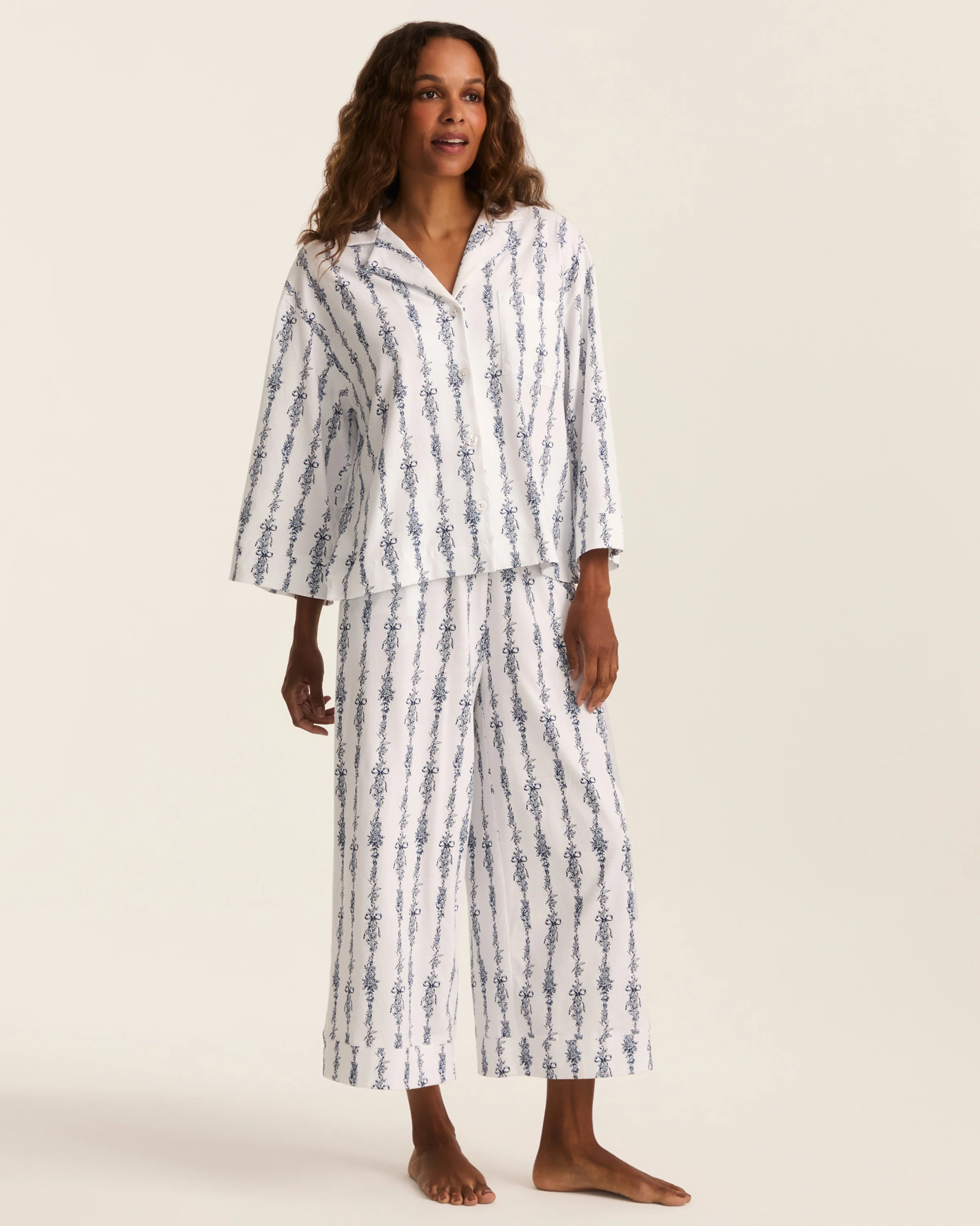 The Olivia Wide Leg Pima Pajama Set in Navy Mayfair Toile - Image 3