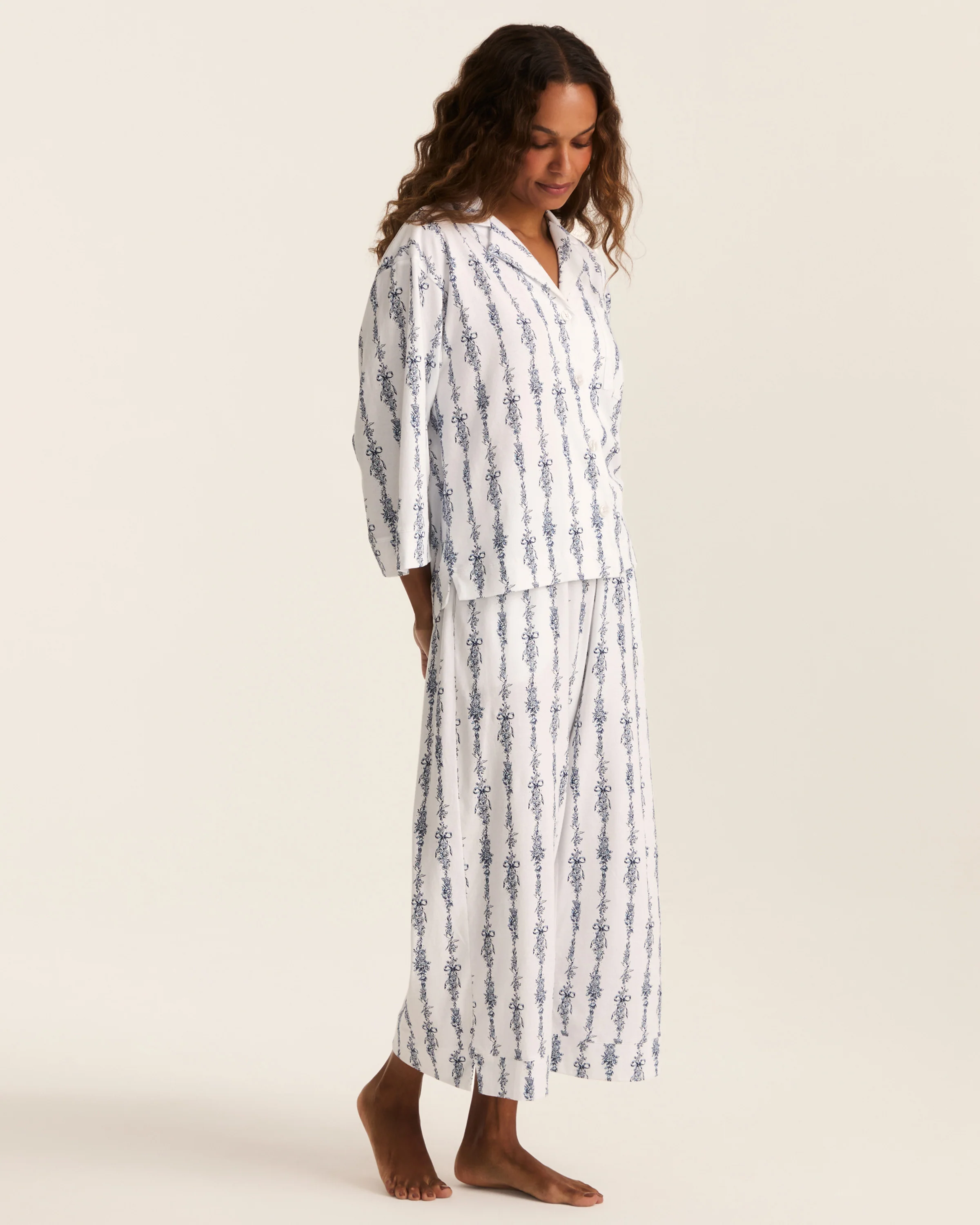 The Olivia Wide Leg Pima Pajama Set in Navy Mayfair Toile - Image 4