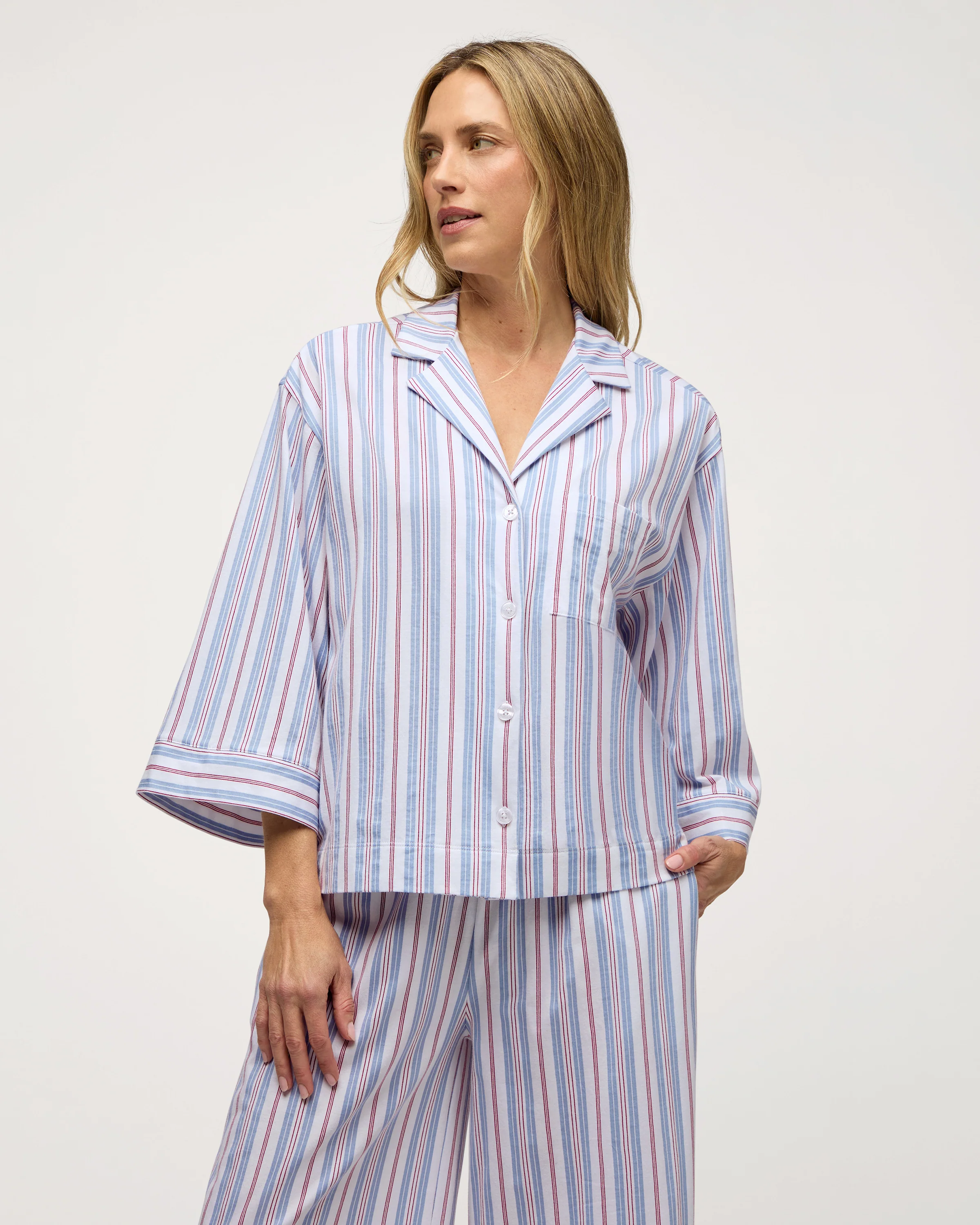The Olivia Wide Leg Lightweight Pima Pajama Set in Vintage French Stripes - Image 2