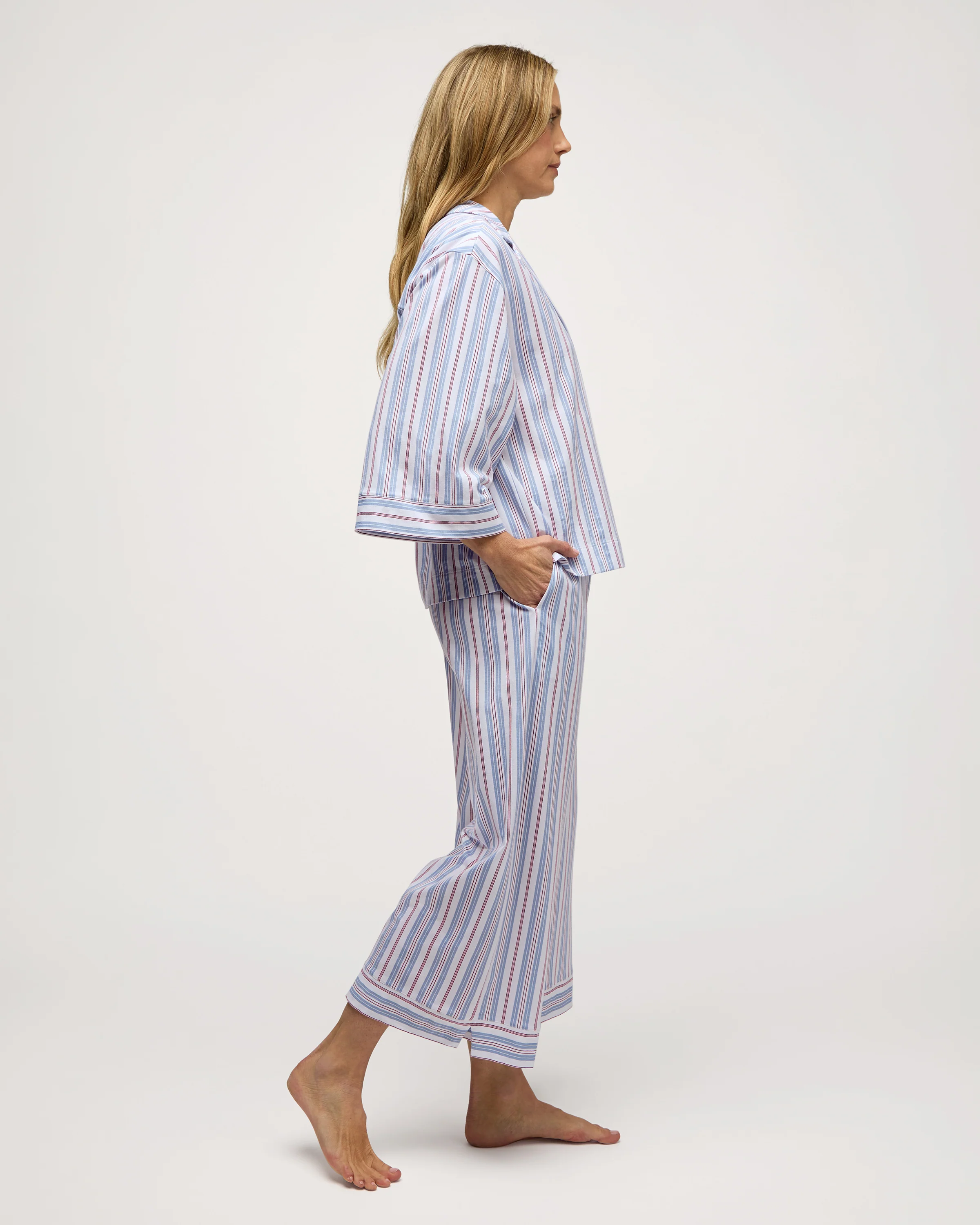 The Olivia Wide Leg Lightweight Pima Pajama Set in Vintage French Stripes - Image 3