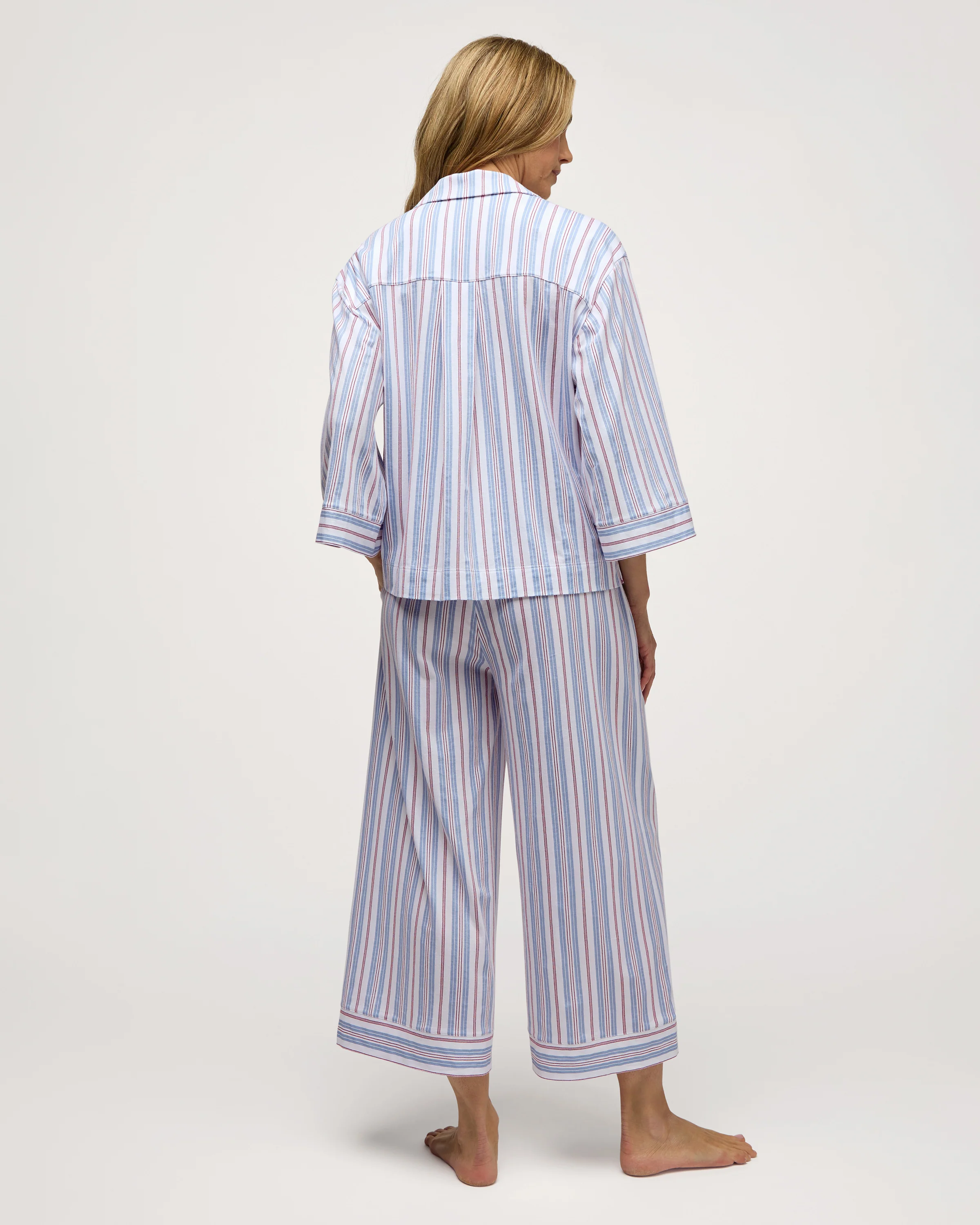 The Olivia Wide Leg Lightweight Pima Pajama Set in Vintage French Stripes - Image 4