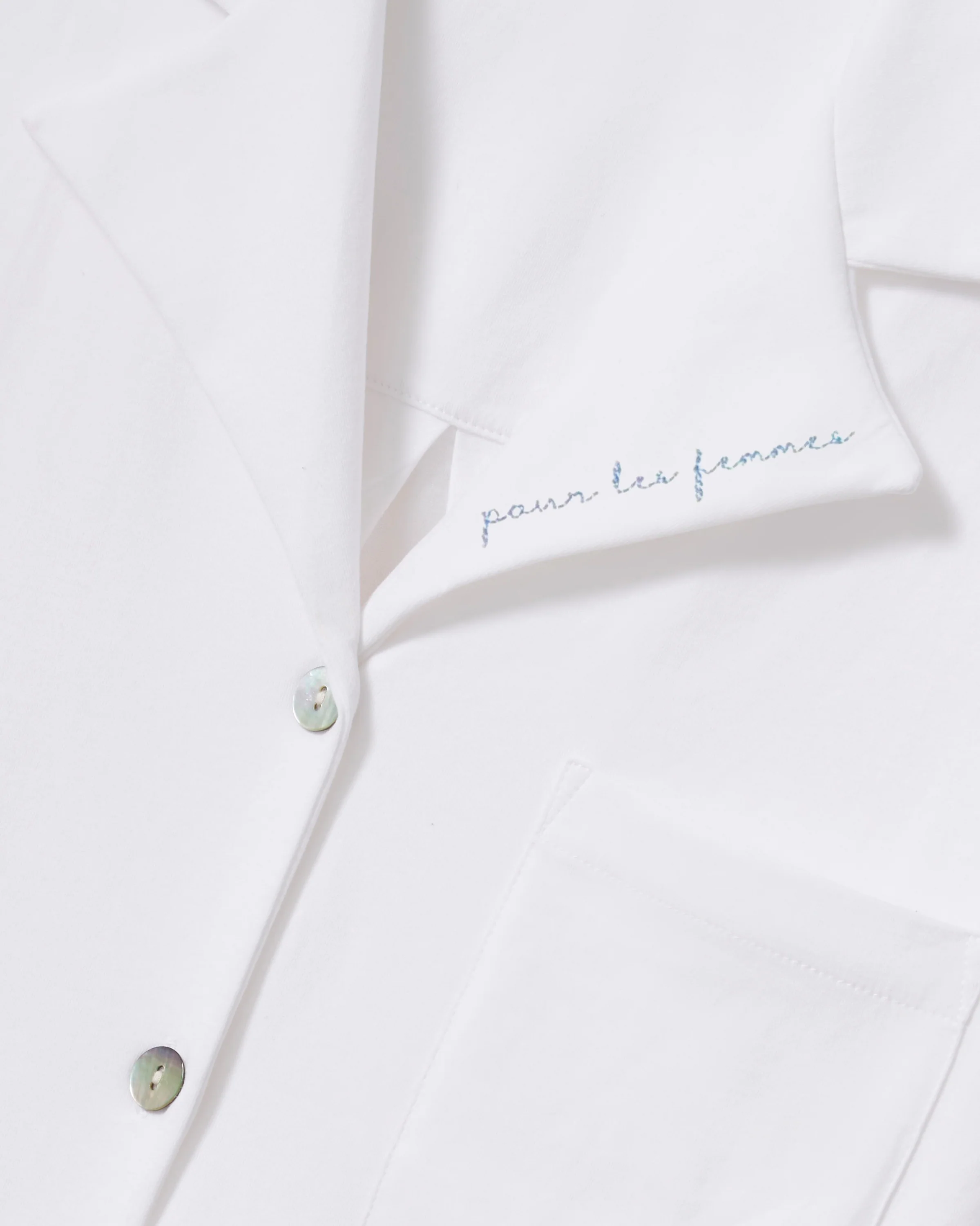 The Olivia Wide Leg Pima Pajama Set With "Pour Les Femmes" Embroidery in White - Image 3