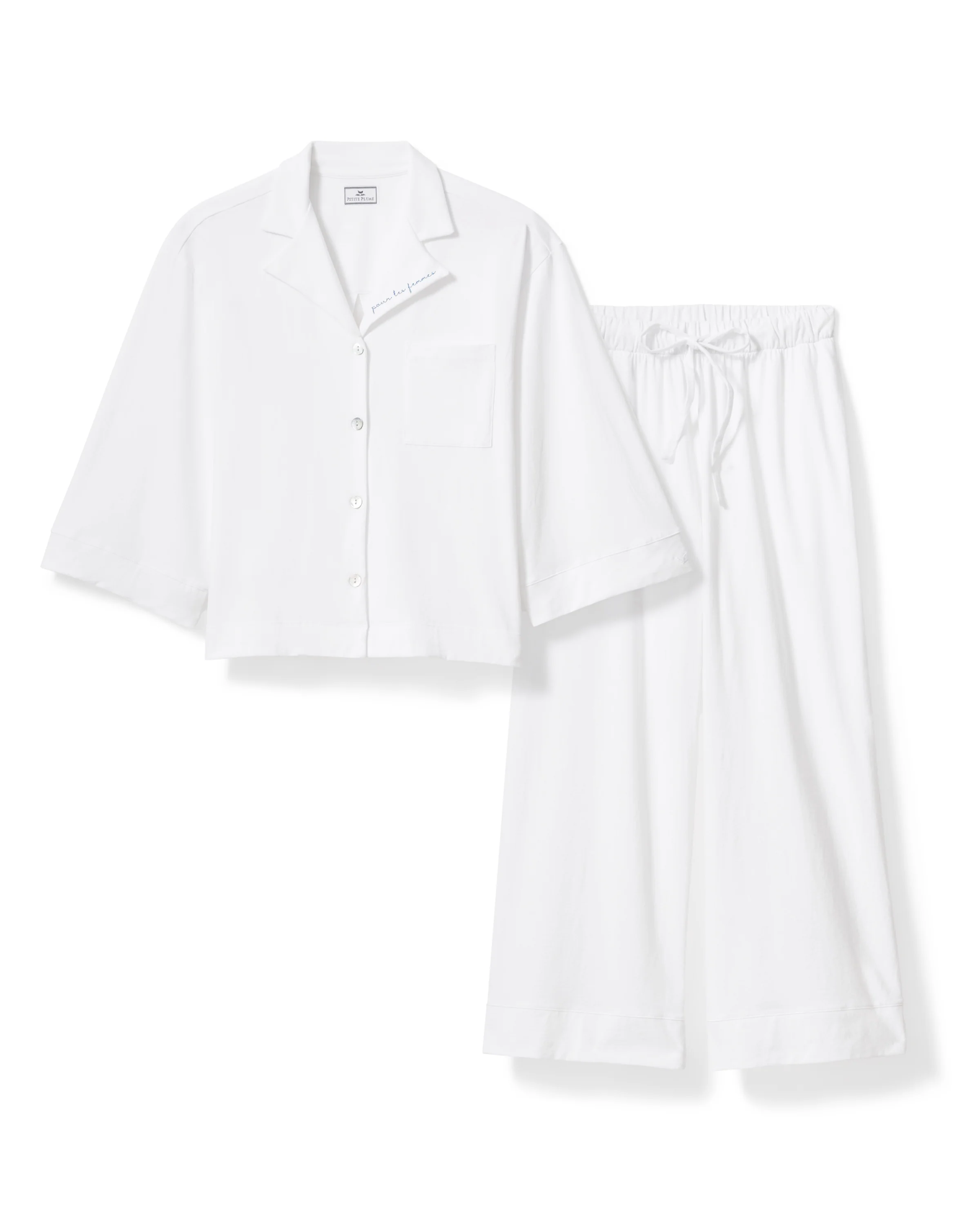 The Olivia Wide Leg Pima Pajama Set With "Pour Les Femmes" Embroidery in White - Image 4