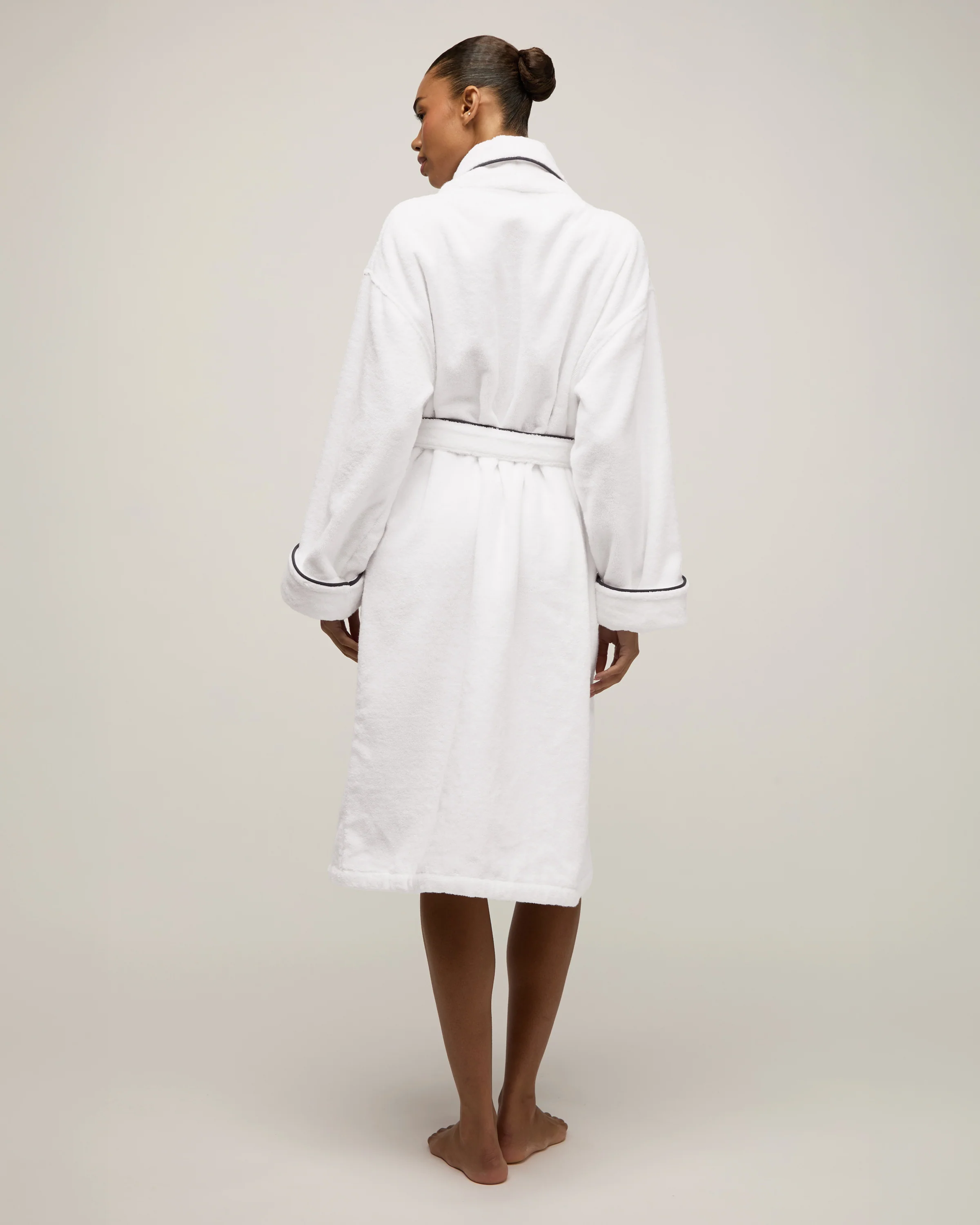 Unisex Luxe Terry Robe in White with Navy Piping - Image 5