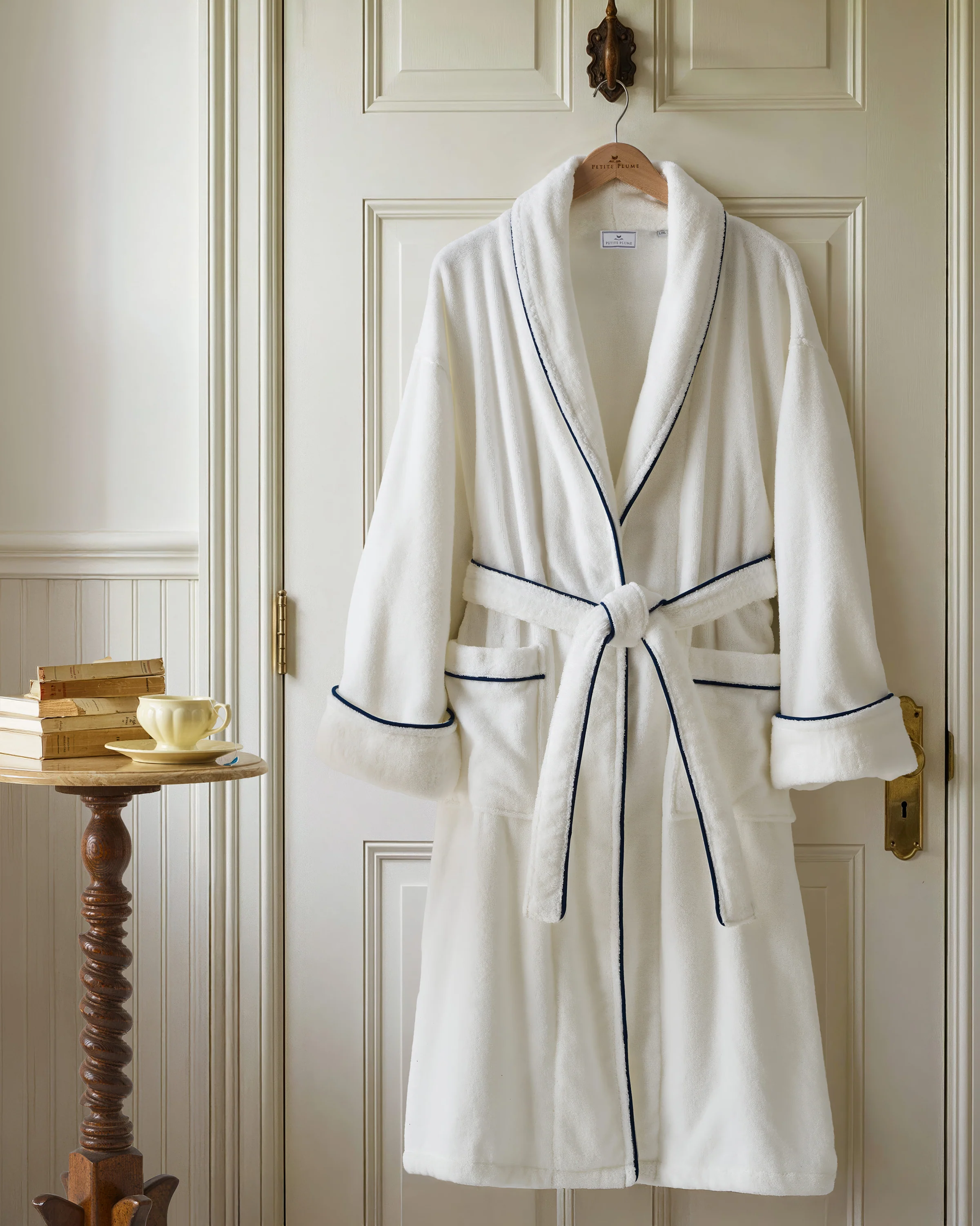 Unisex Luxe Terry Robe in White with Navy Piping - Image 6