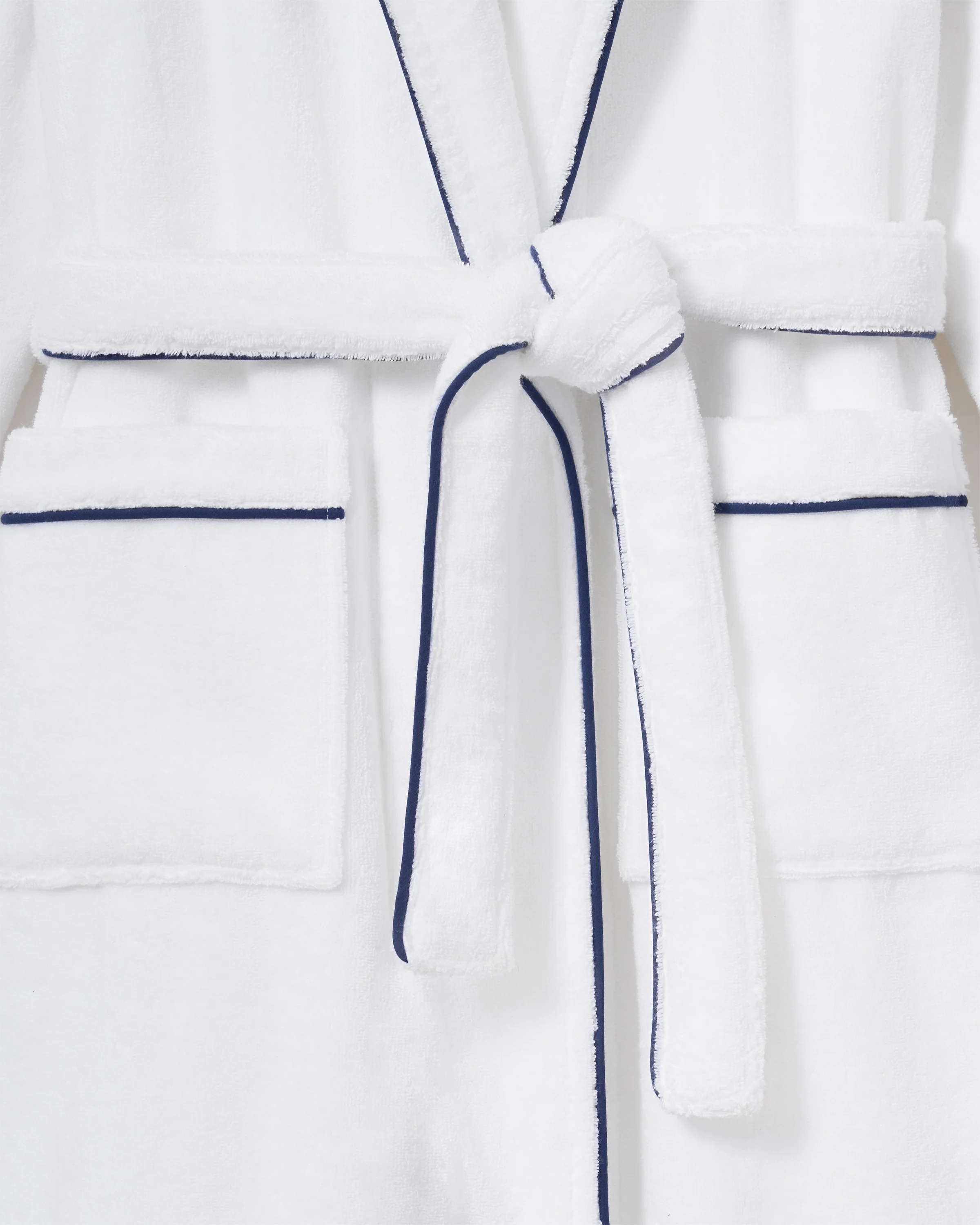 Unisex Luxe Terry Robe in White with Navy Piping - Image 7