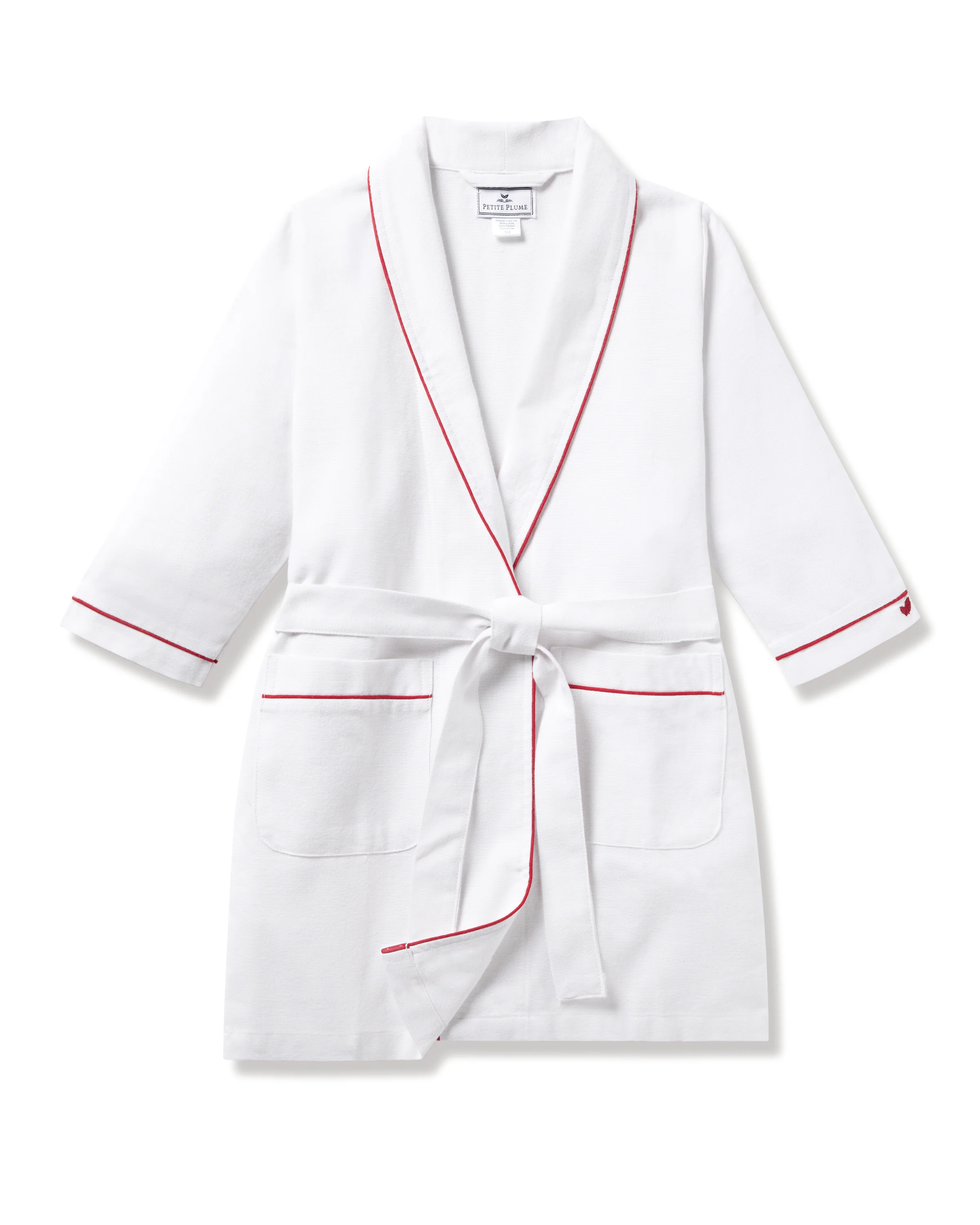 Kid's Flannel Robe in White with Red Piping
