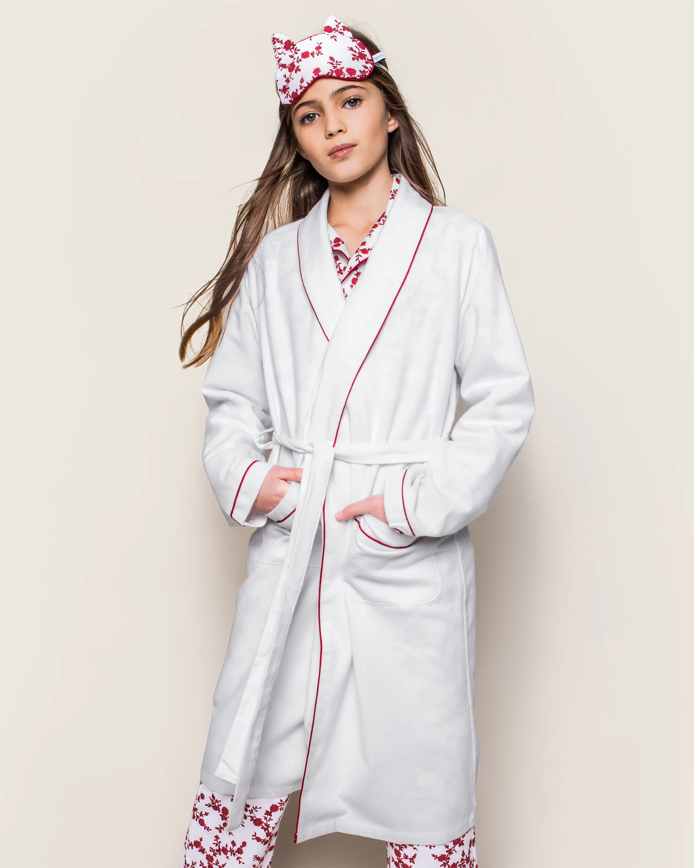 Kid's Flannel Robe in White with Red Piping - Image 2