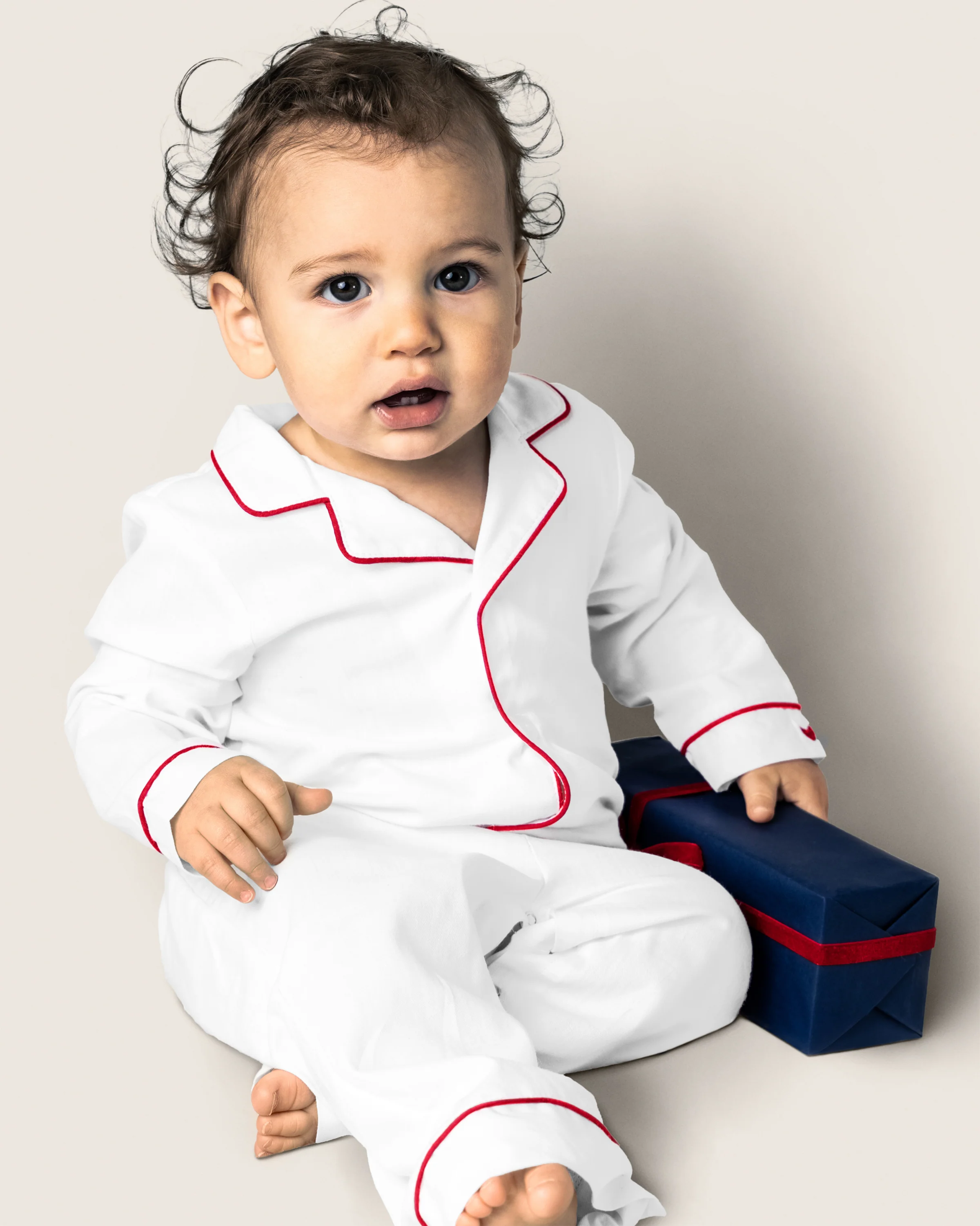 Baby's Classic Twill Romper in White with Red Piping - Image 3