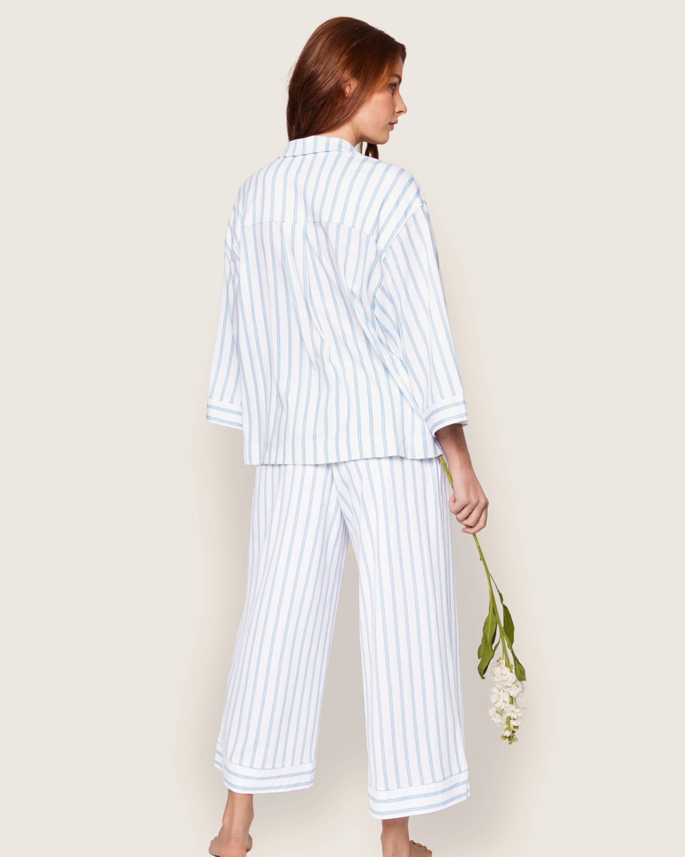 The Olivia Wide Leg Pima Pajama Set in Periwinkle Stripe - Image 3