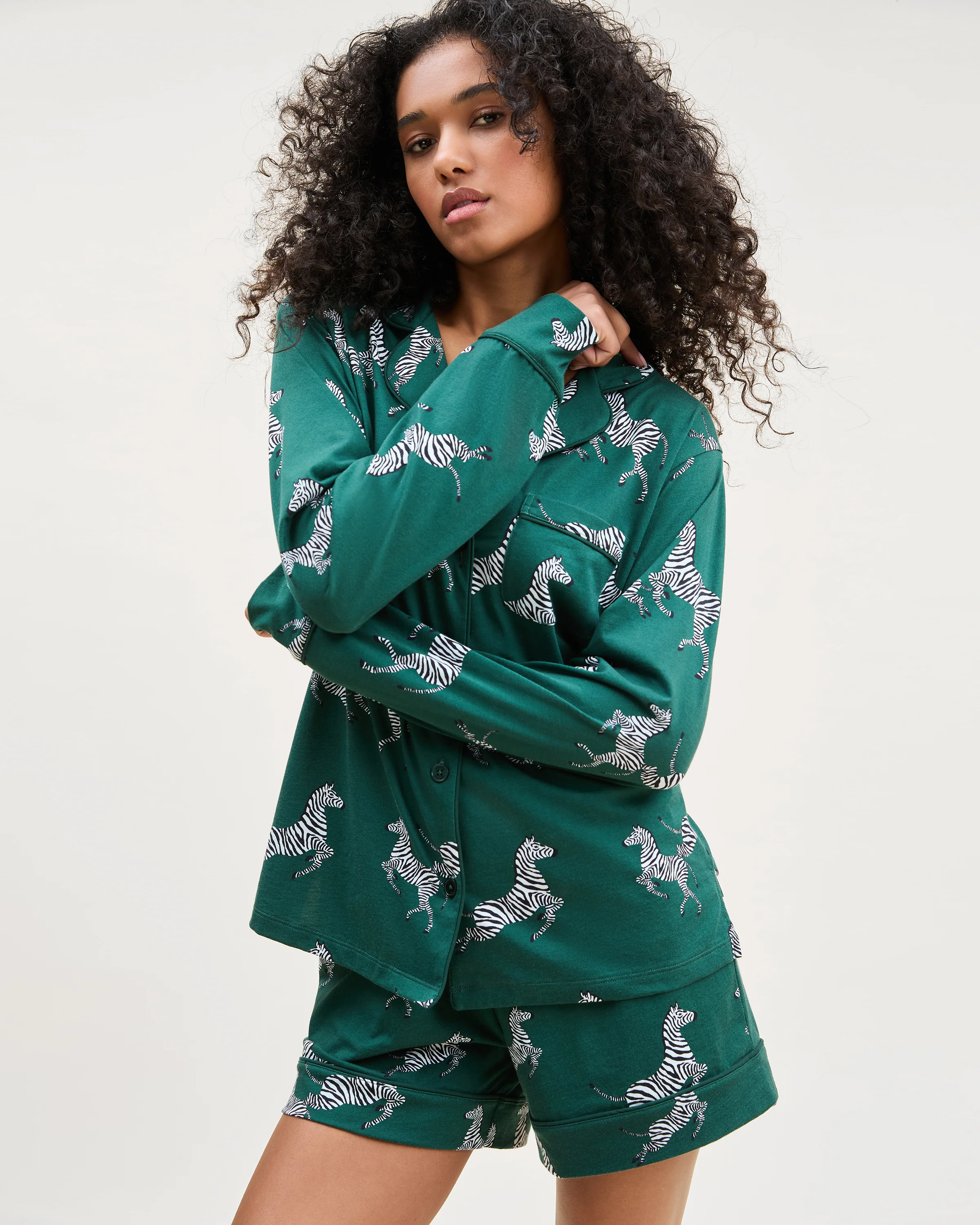 Women's Pima Long Sleeve Short Set in Zèbre de Forêt - Image 3