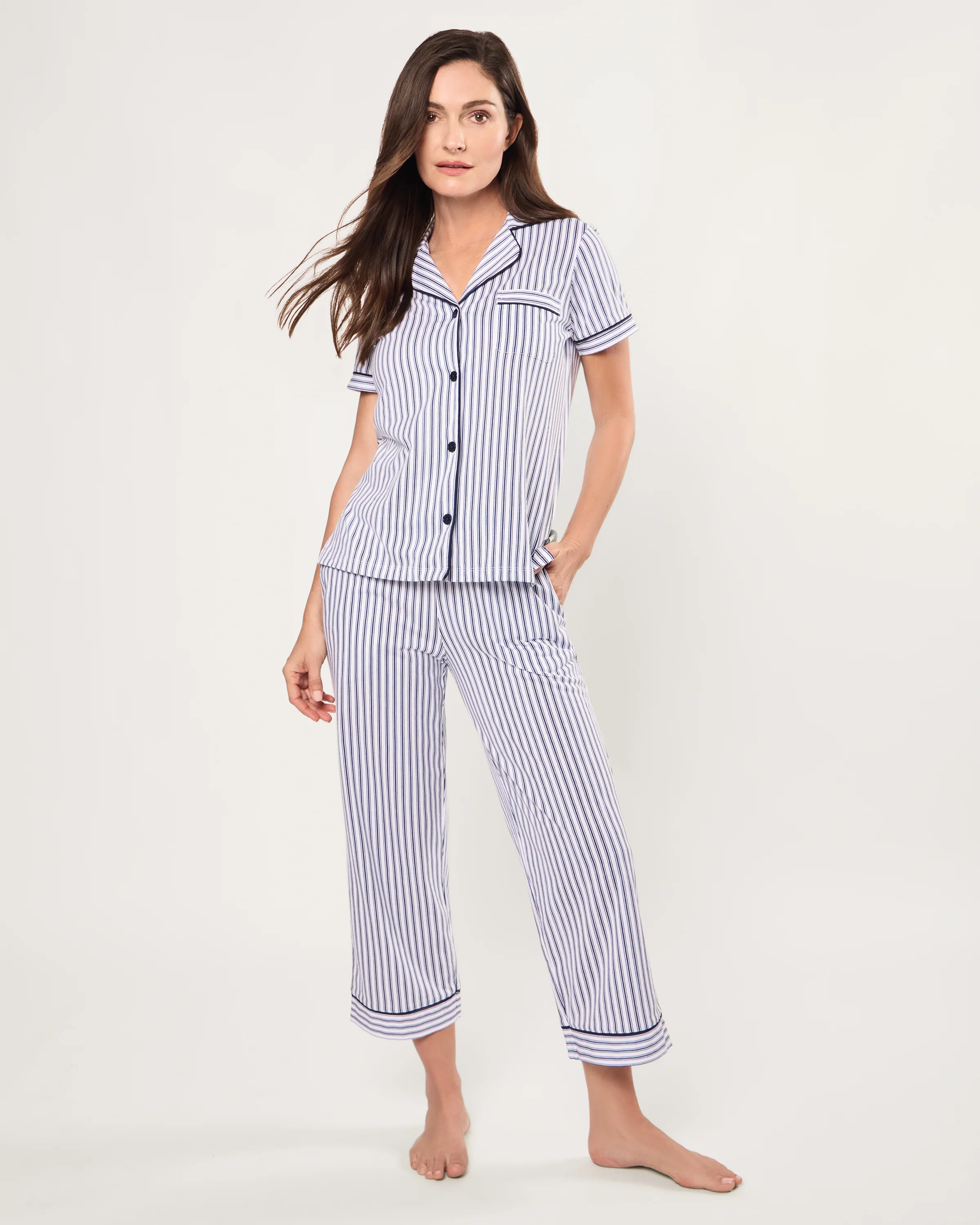 Women's Pima Cropped Pajama Set in Navy French Ticking