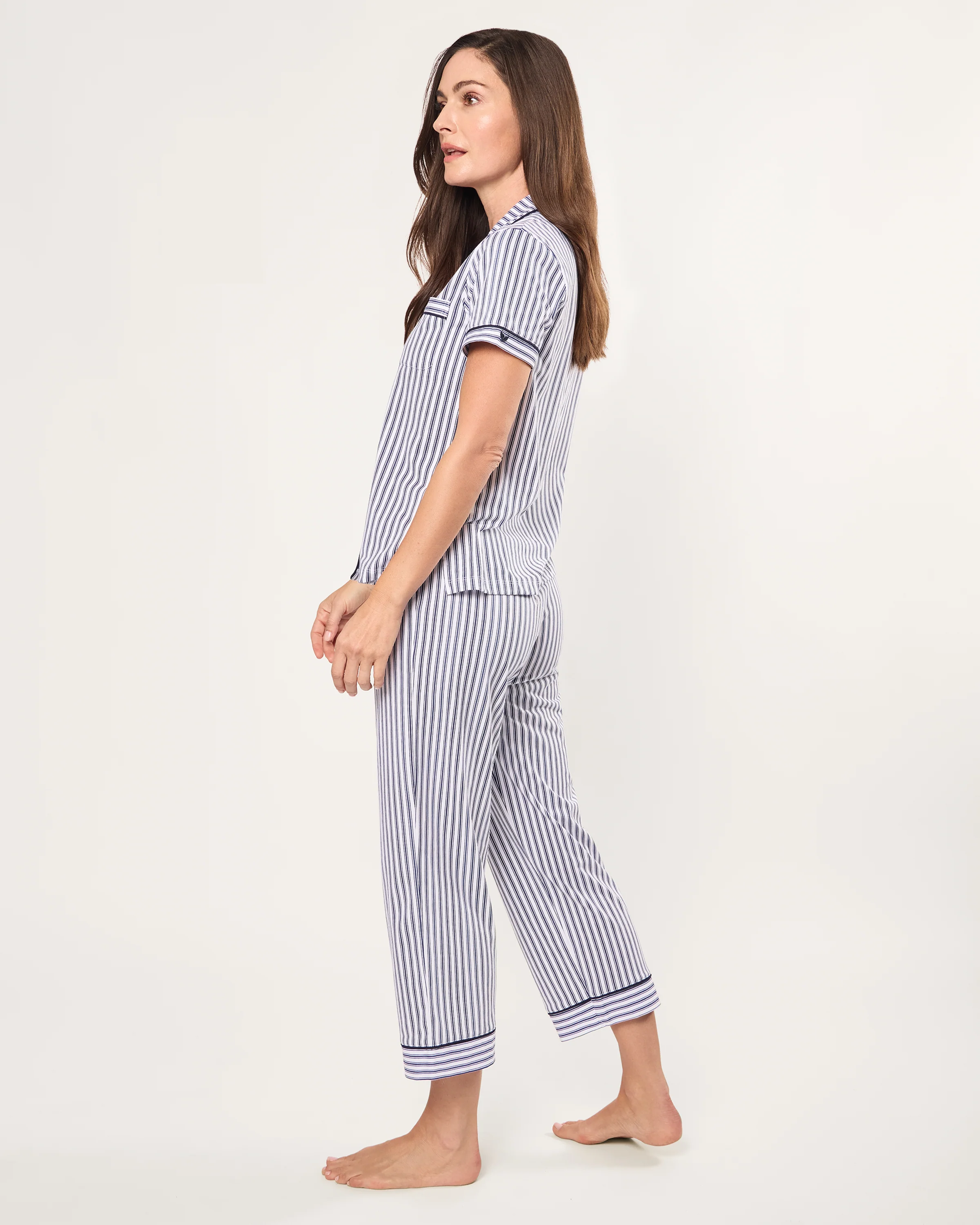 Women's Pima Cropped Pajama Set in Navy French Ticking - Image 2