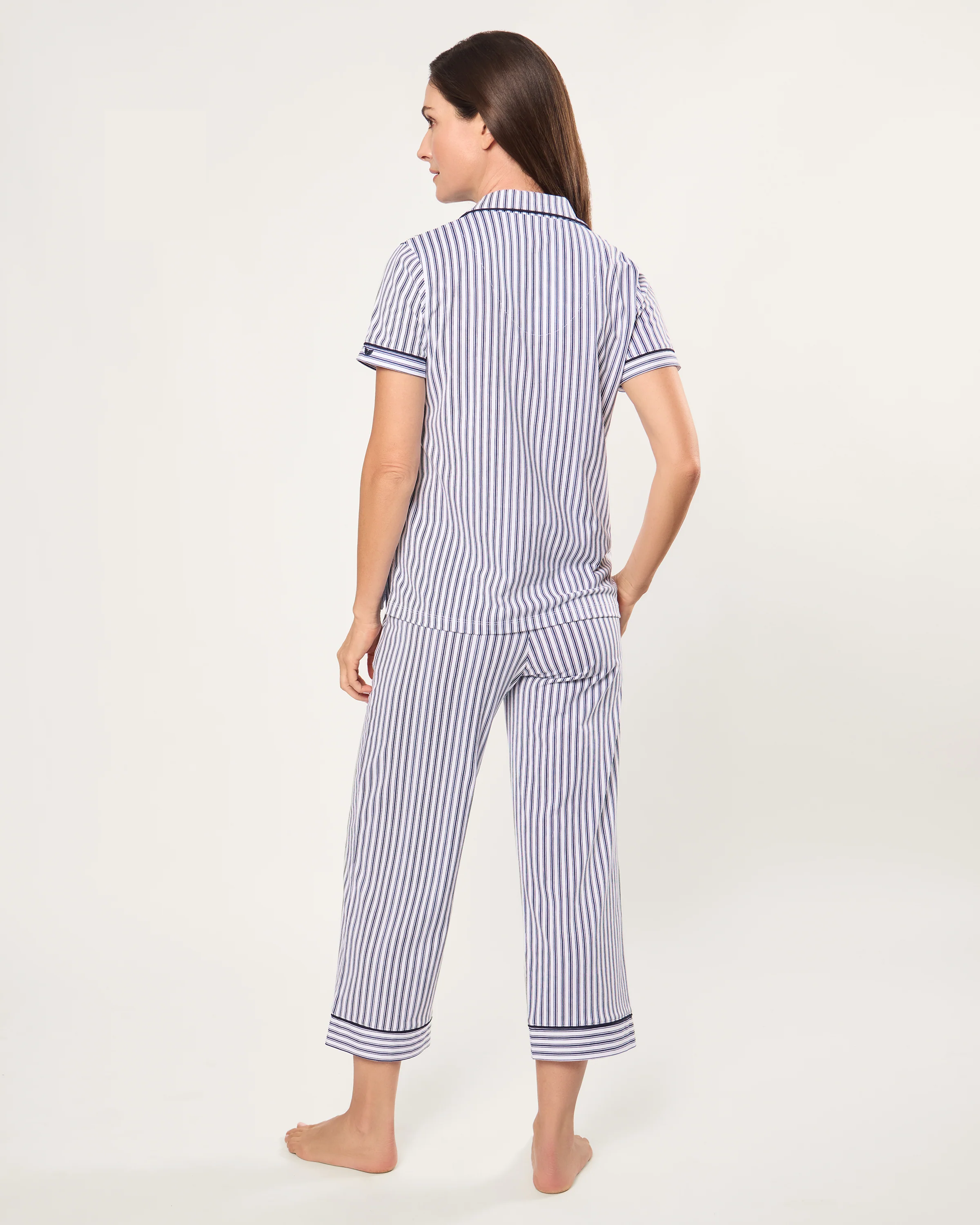 Women's Pima Cropped Pajama Set in Navy French Ticking - Image 3