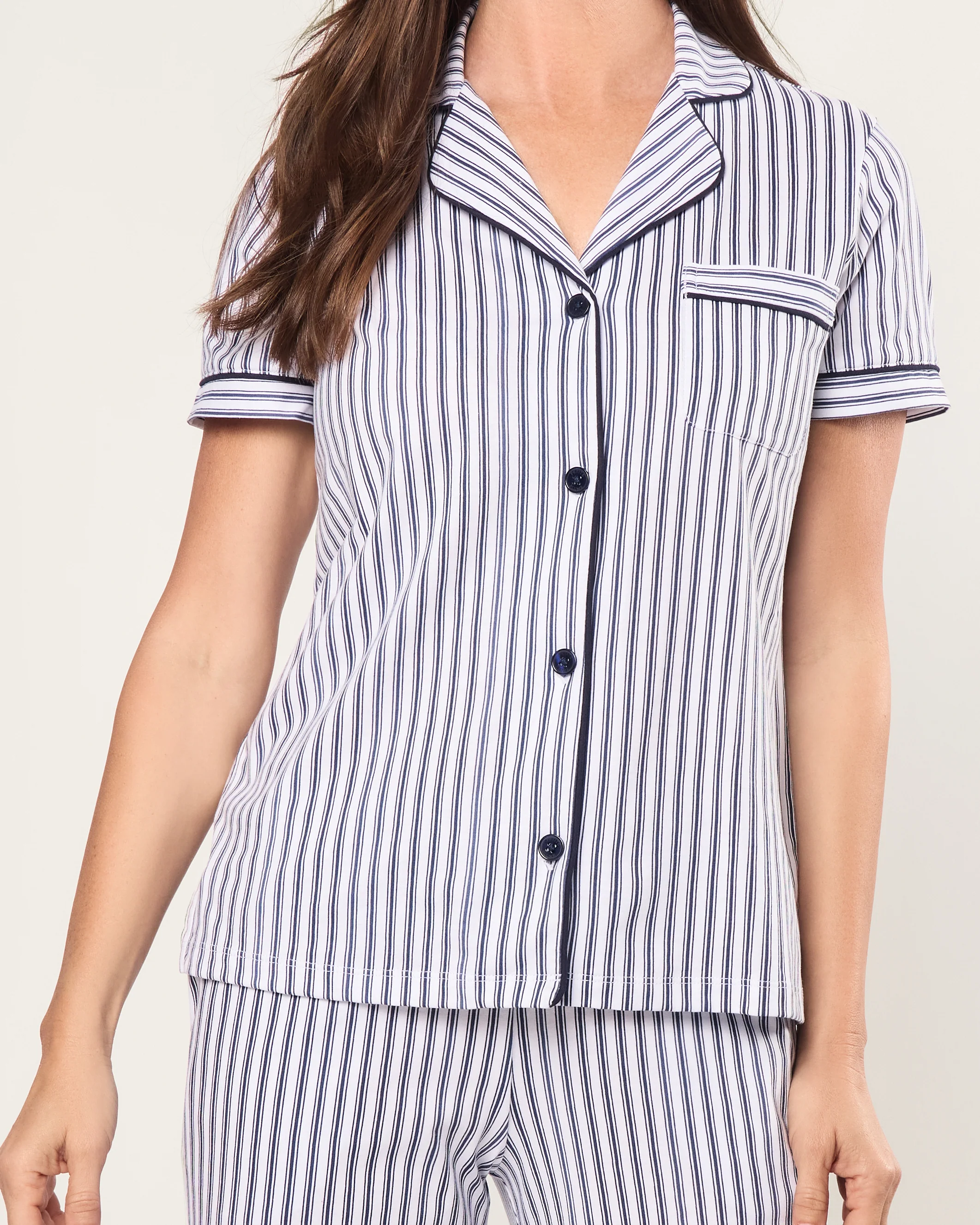 Women's Pima Cropped Pajama Set in Navy French Ticking - Image 4
