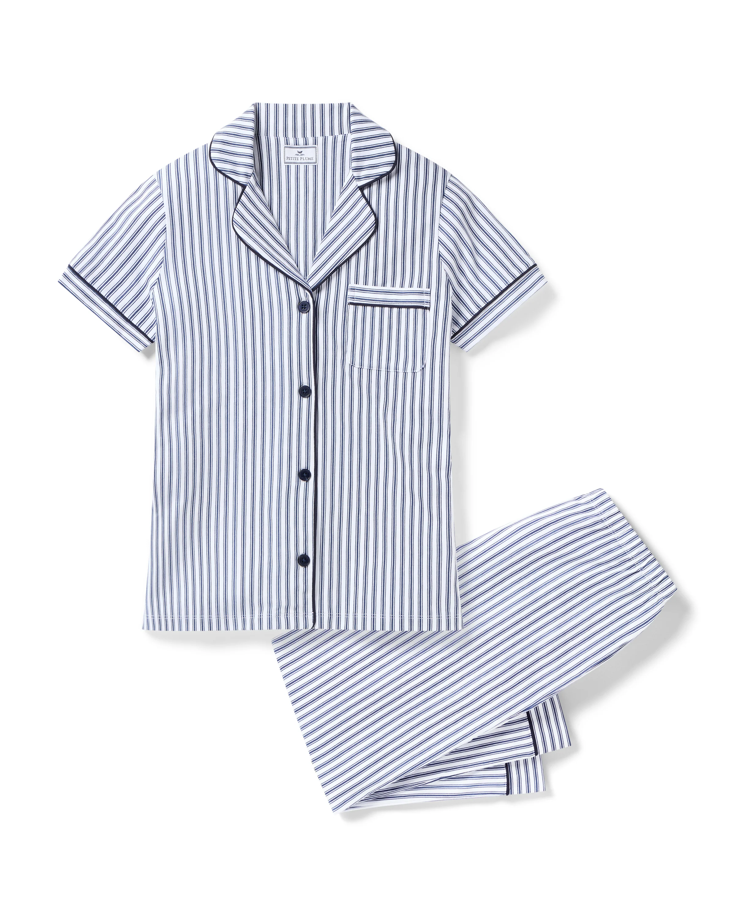 Women's Pima Cropped Pajama Set in Navy French Ticking - Image 6