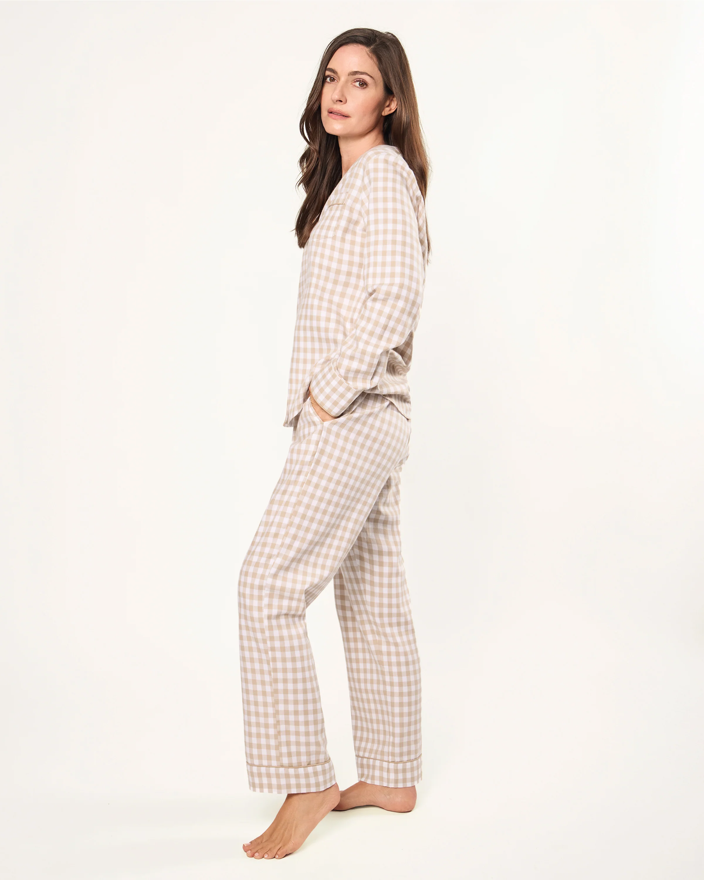 Women's Twill Pajama Set in Camel Gingham - Image 3